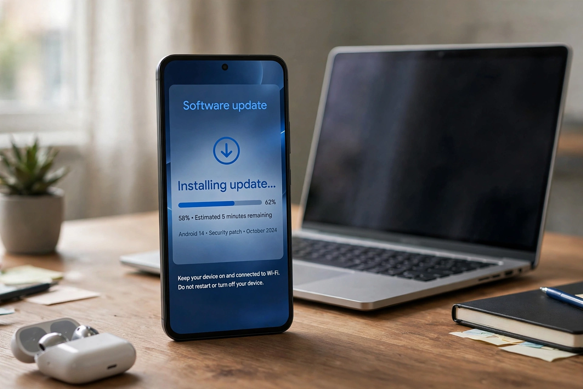 Galaxy A37 One UI 9 update screen on a smartphone on a desk