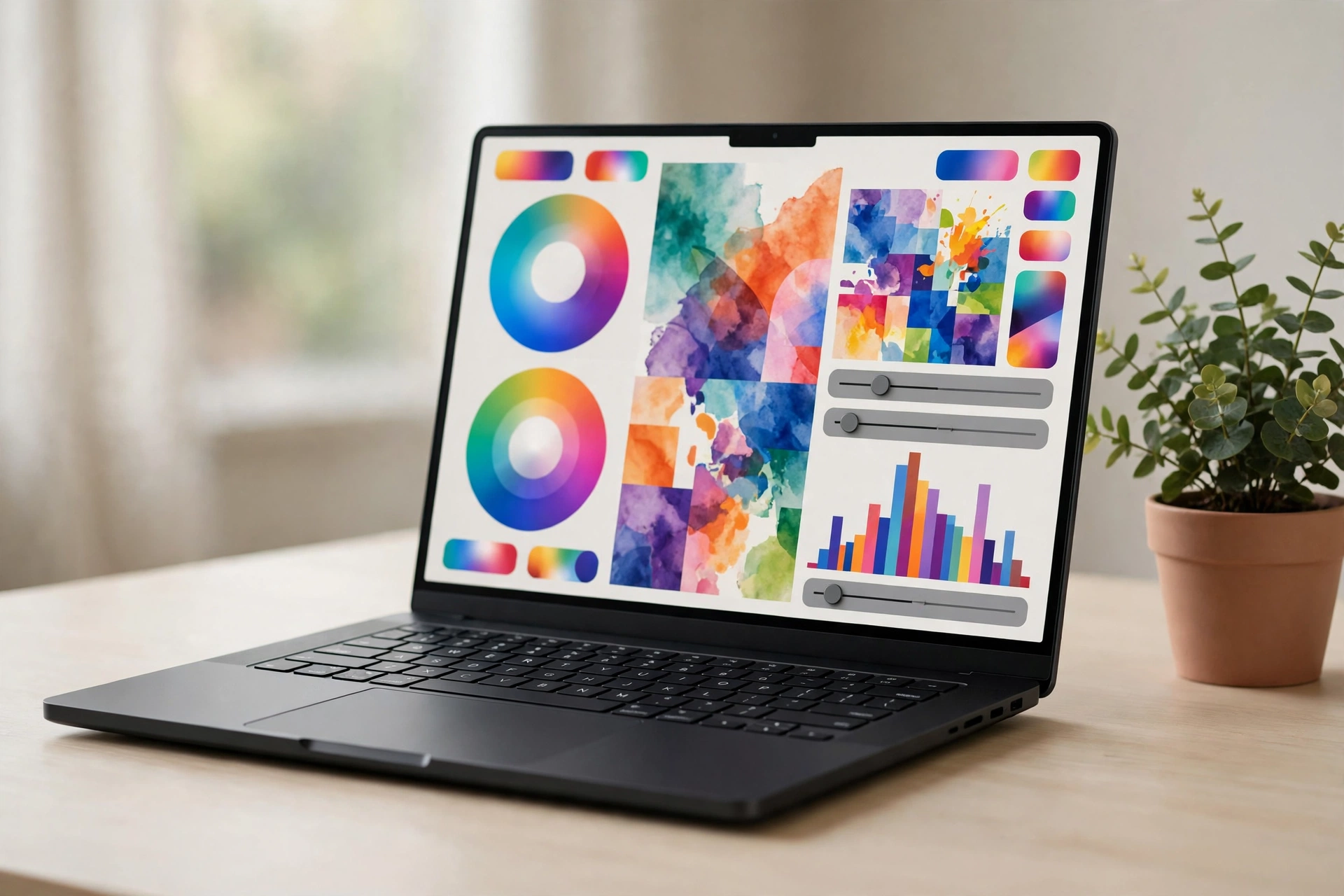 Dark laptop on a light desk showing a colorful editing workspace beside a plant.