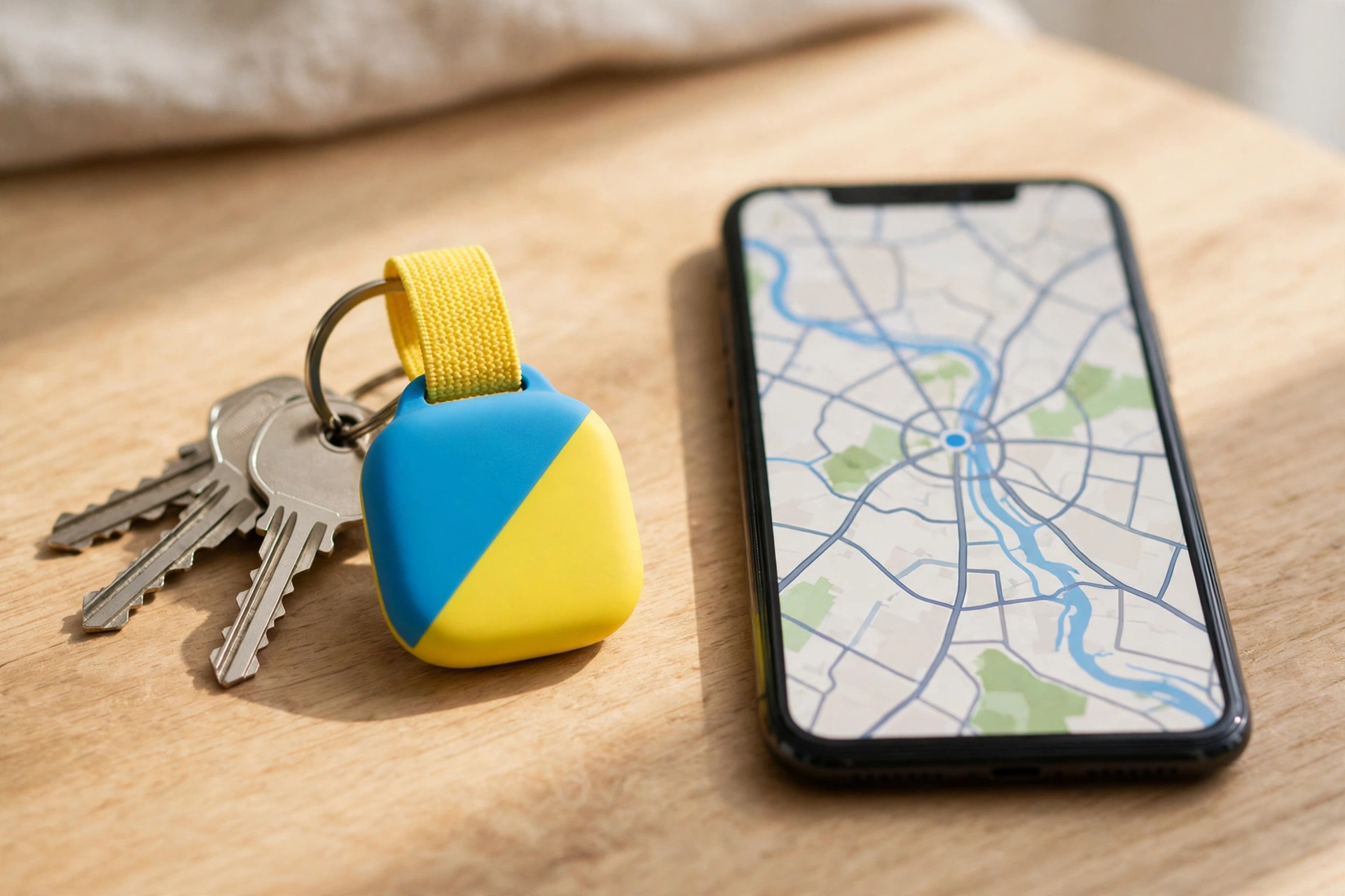 Blue and yellow tracker with elastic strap beside keys and phone