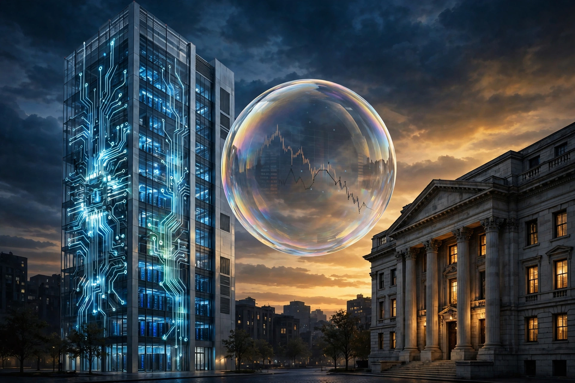 Original illustration of a data center, bank building, and bursting bubble over a falling chart
