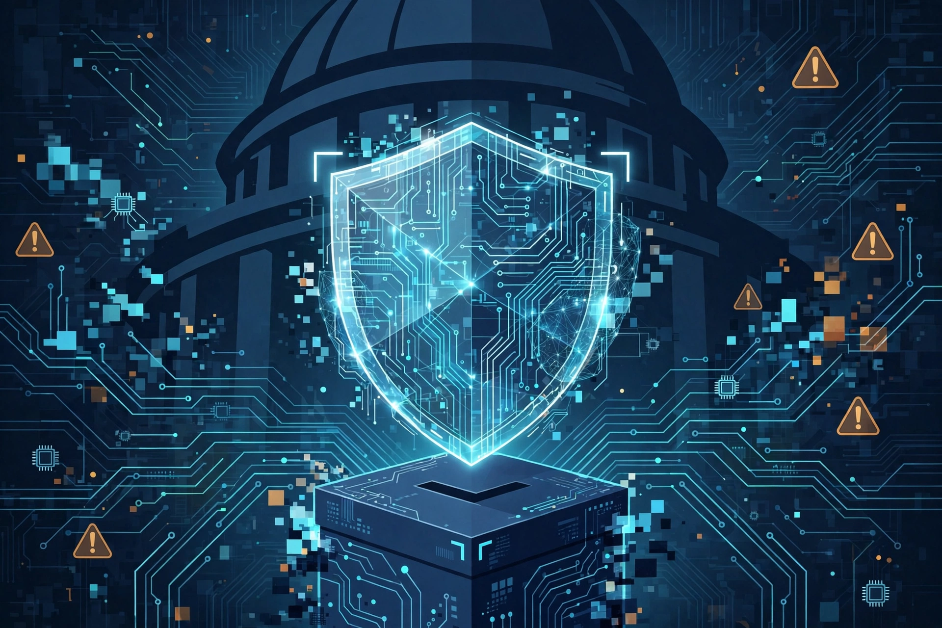 Digital shield guarding a ballot box against AI cyber threats before elections