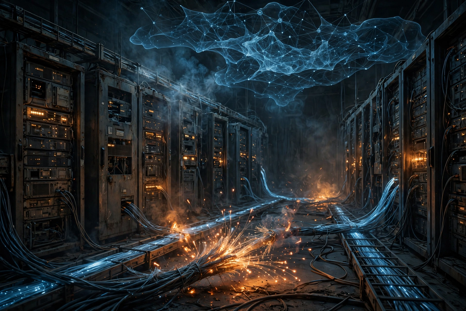 Glowing fiber cables and server racks in a dark room under strain