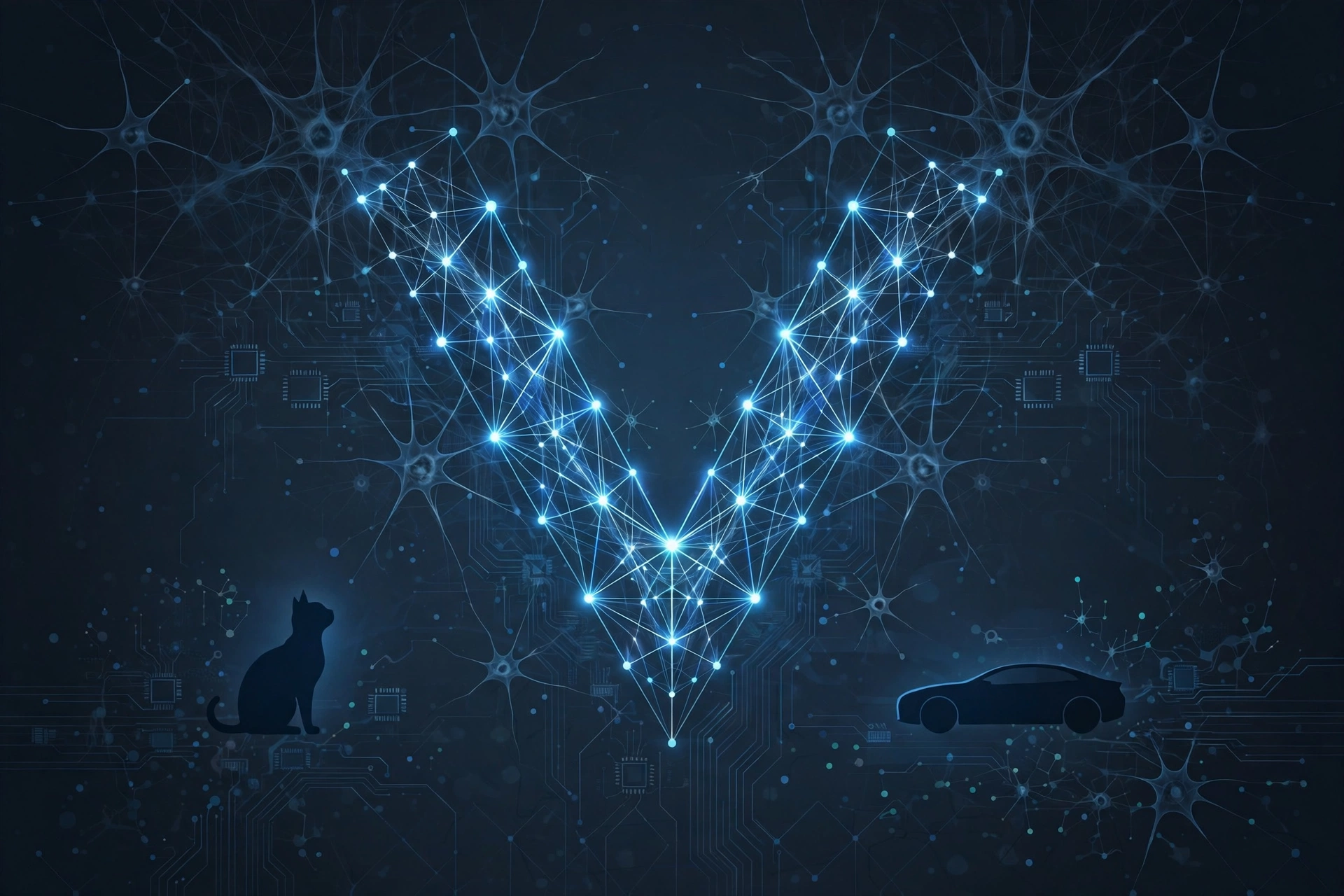 Abstract glowing V shape inside a neural network lattice with cat and car silhouettes