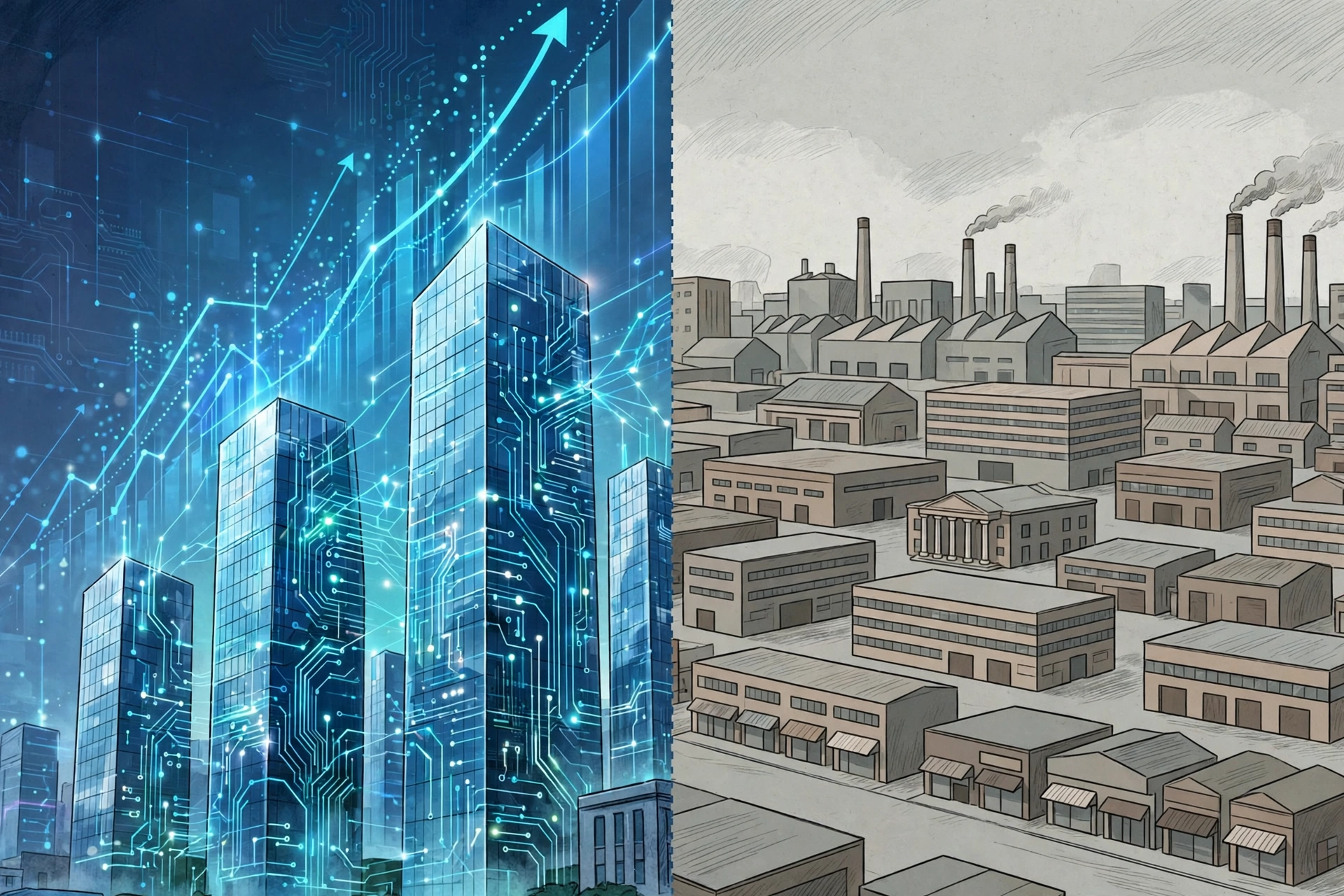 Split illustration of rising tech towers beside flat factories and offices