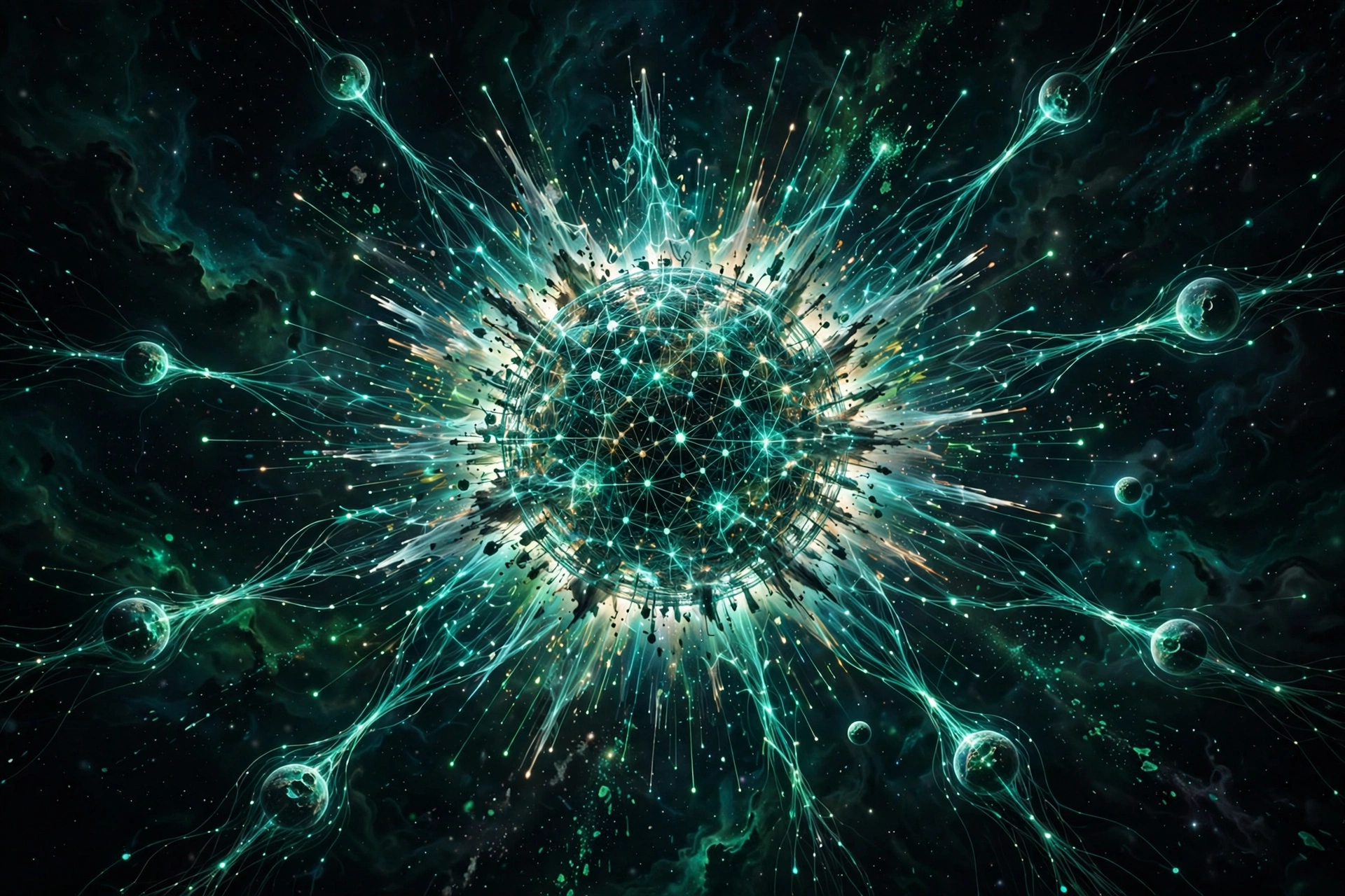Glowing artificial intelligence network bursting like a cosmic explosion over a dark starfield