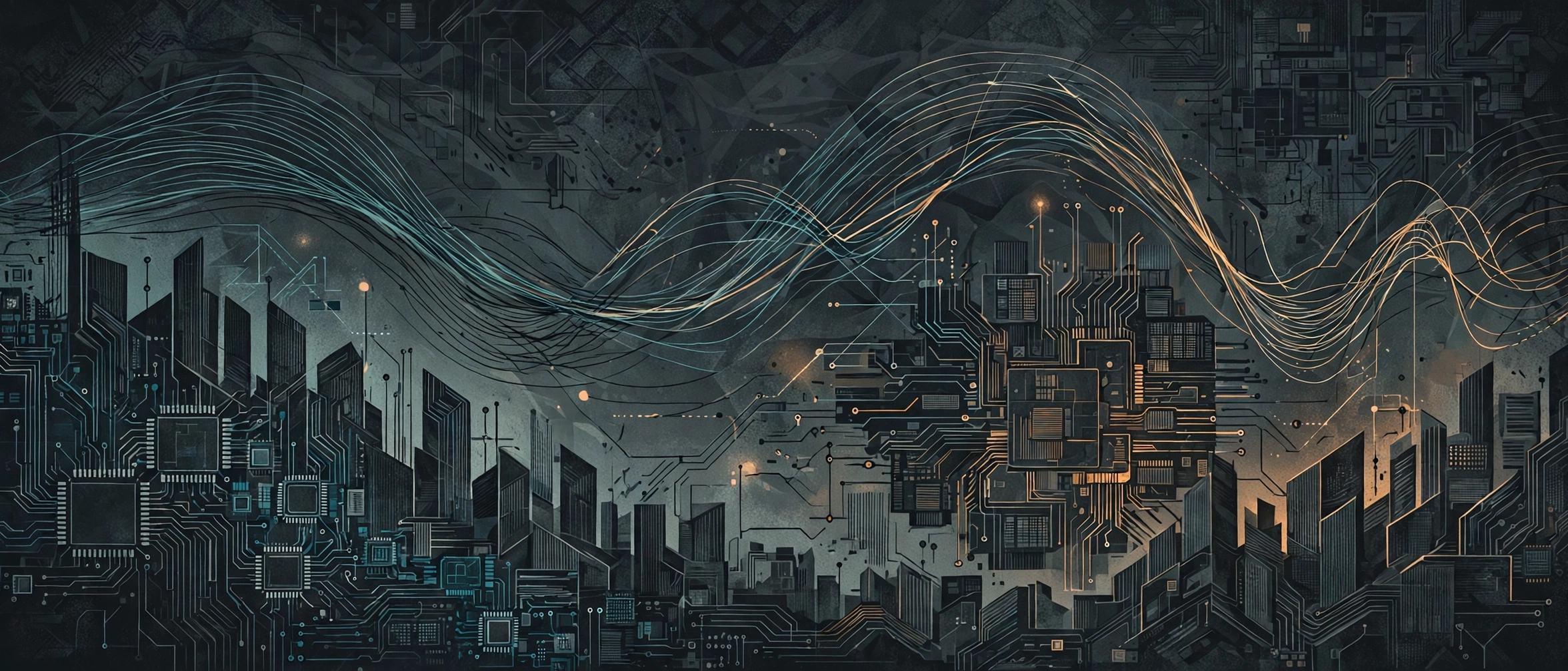 Abstract circuit city skyline with glowing teal and amber market lines