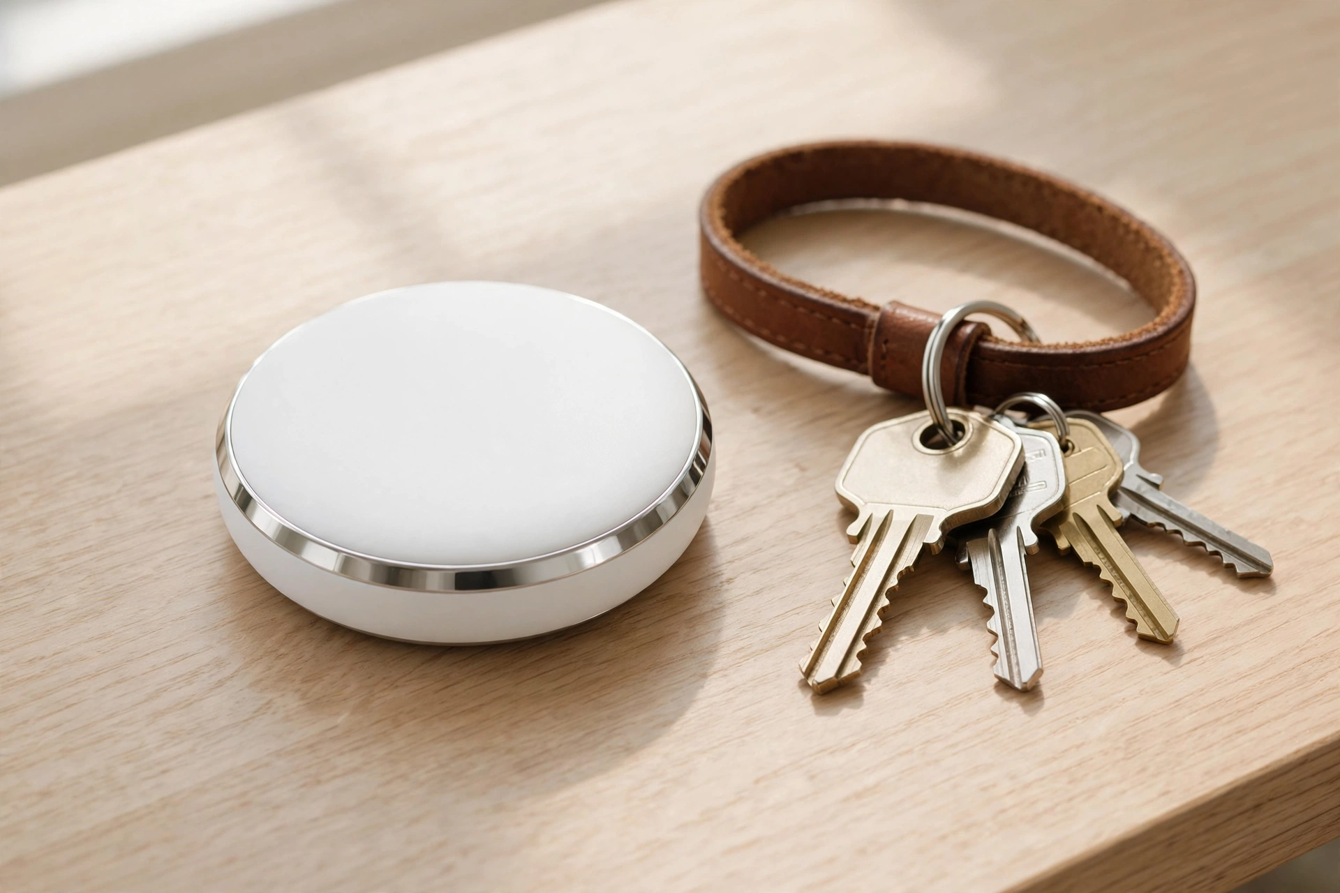 White round tracker tag beside keys on a wooden desk