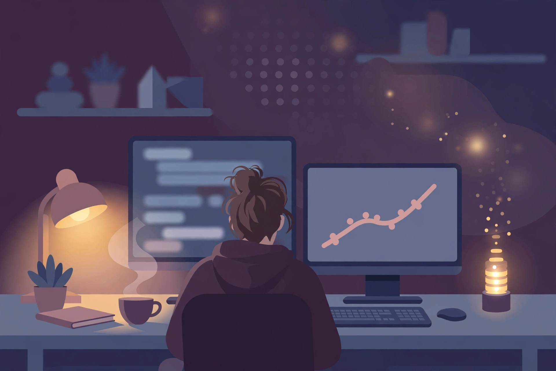 Software engineer viewed from behind at desk with code and rising chart.