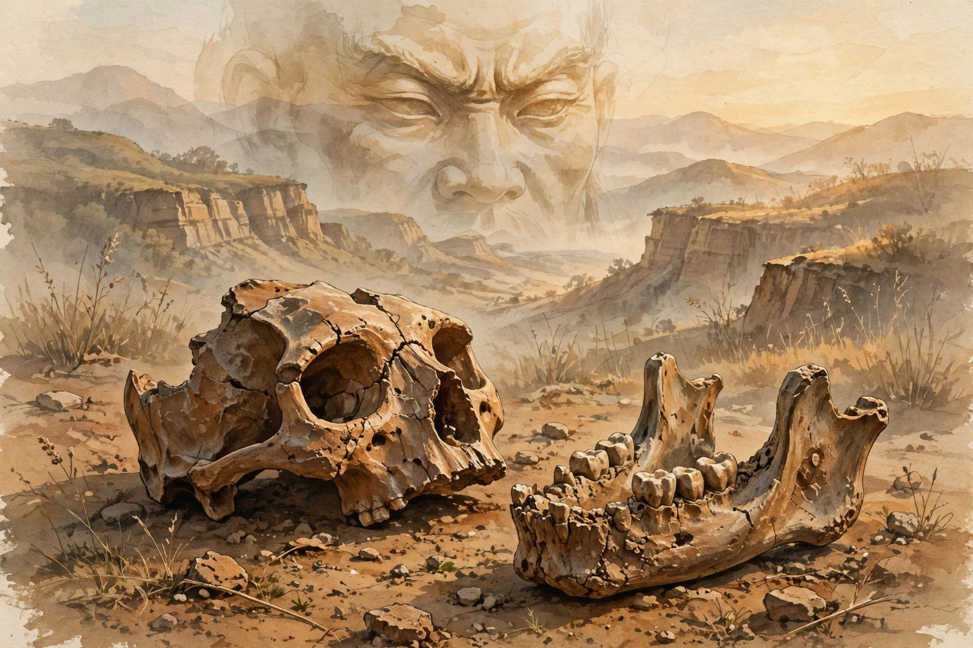Fossil skull fragment and jawbone resting on warm earth at golden light