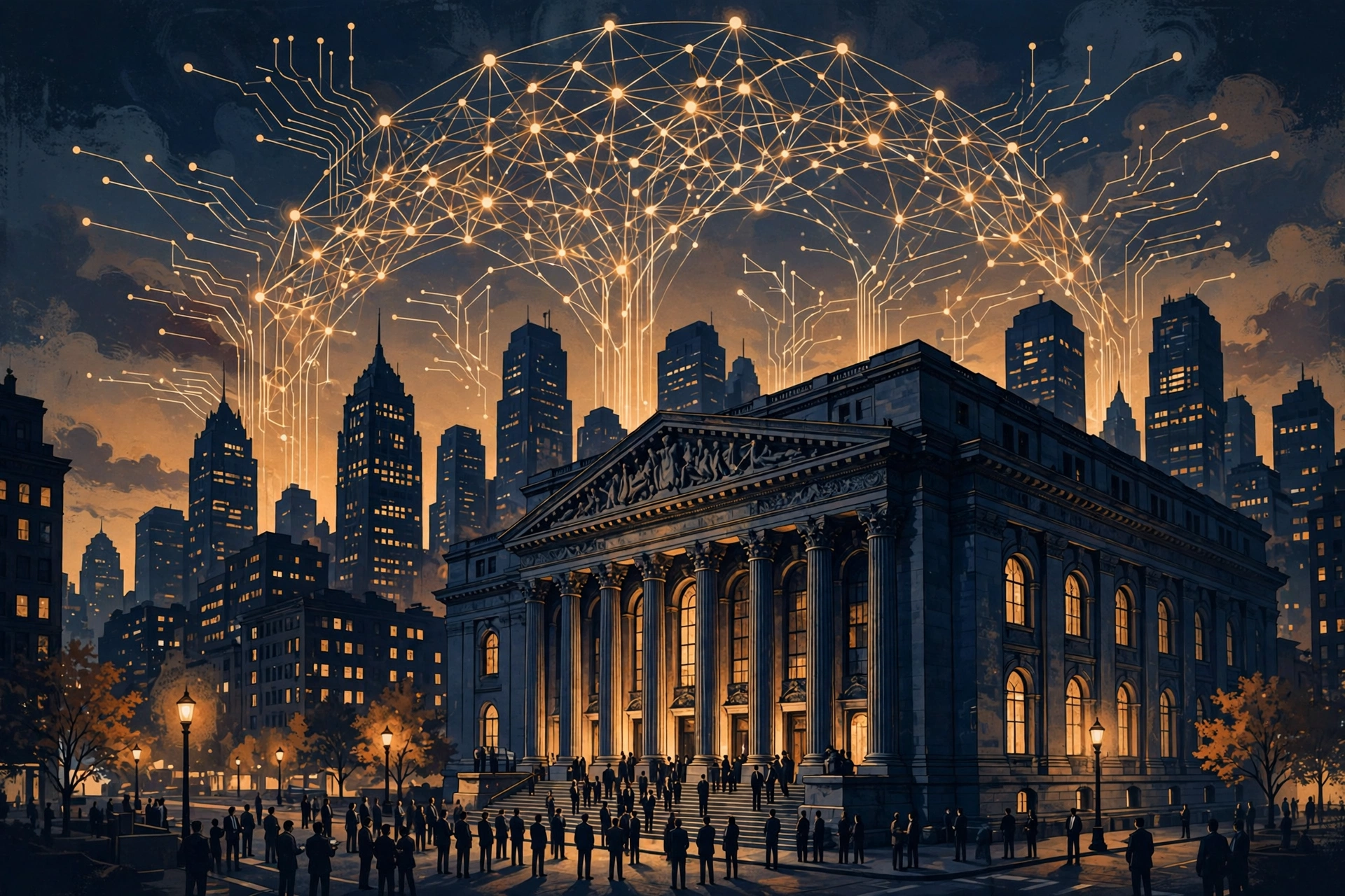 Abstract stock market illustration with glowing neural network above city skyline