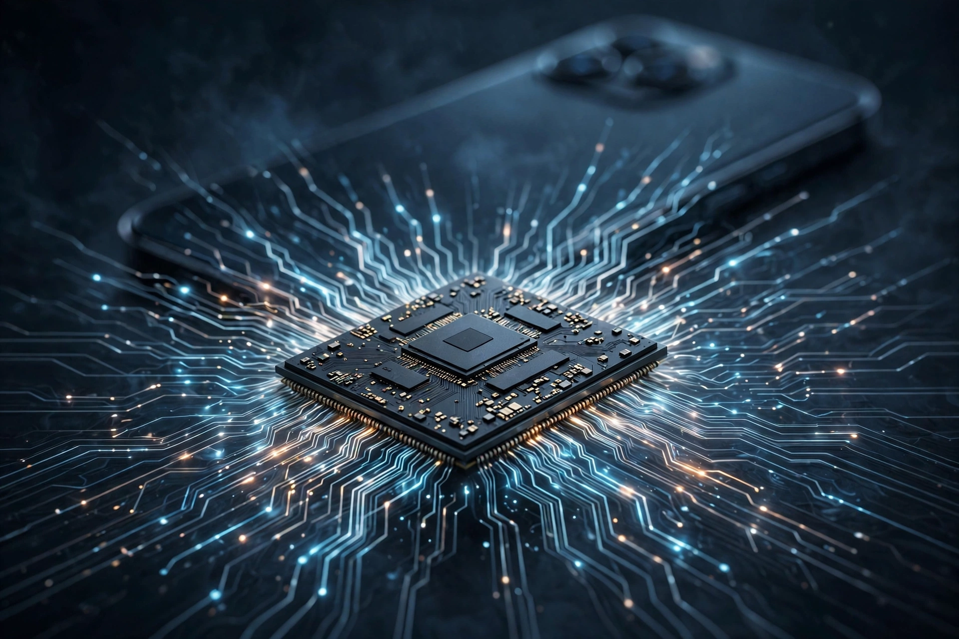 Dark smartphone processor chip with glowing circuit traces and phone silhouette