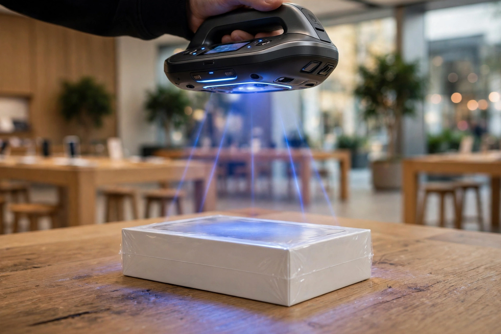 Sealed iPhone box on a store table under a glowing retail scanning device
