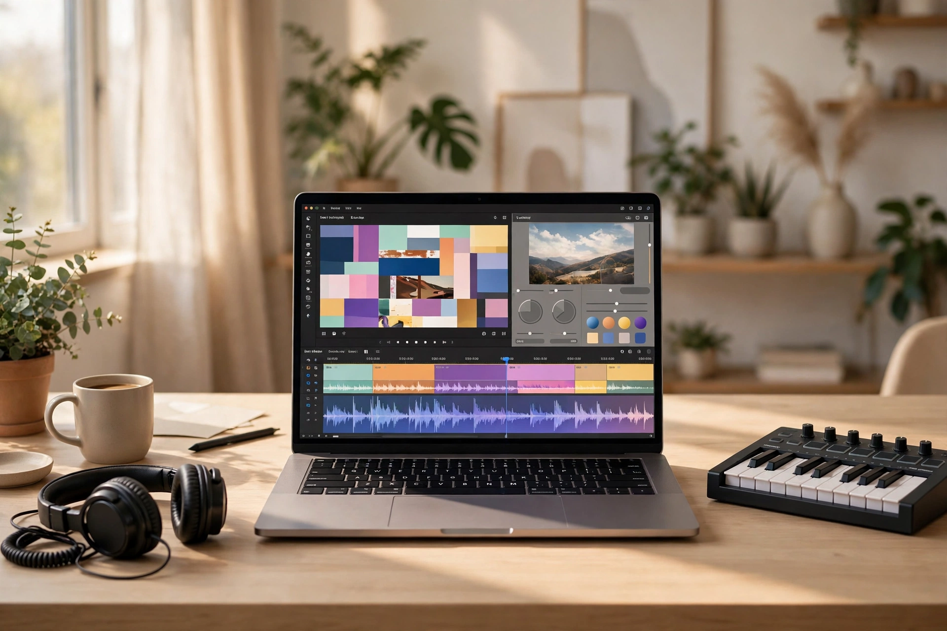 Video editing timeline, music production and photo editing apps on a Mac desk
