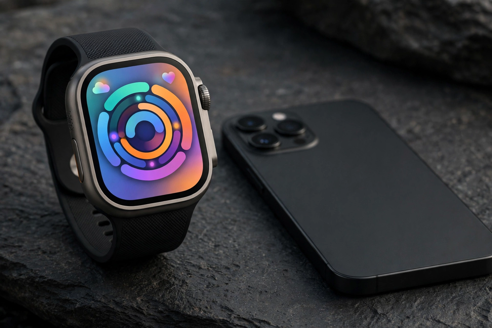 Titanium smartwatch with bright display resting on dark stone surface