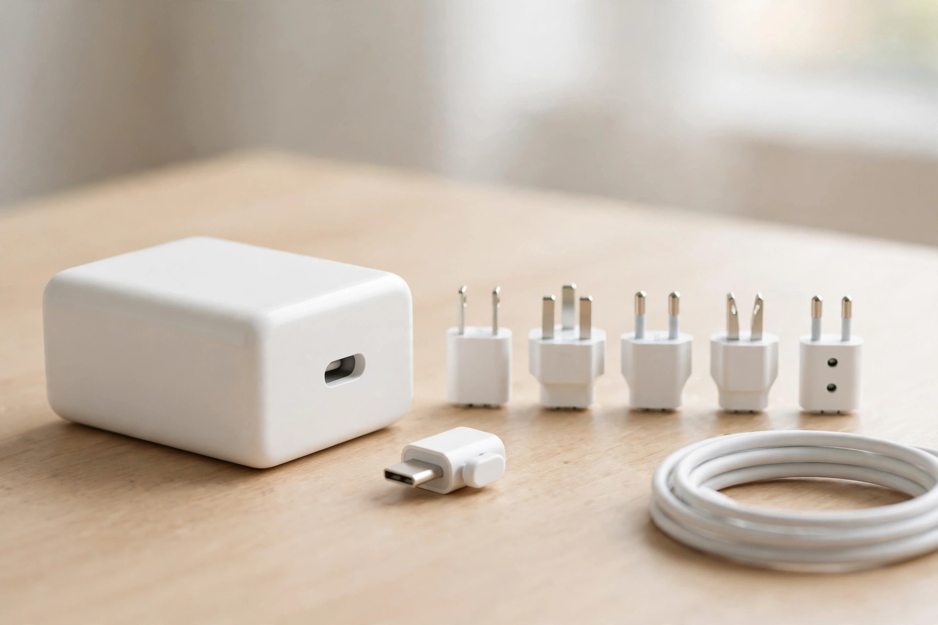 White power adapter with five international plug heads and coiled cable on desk.