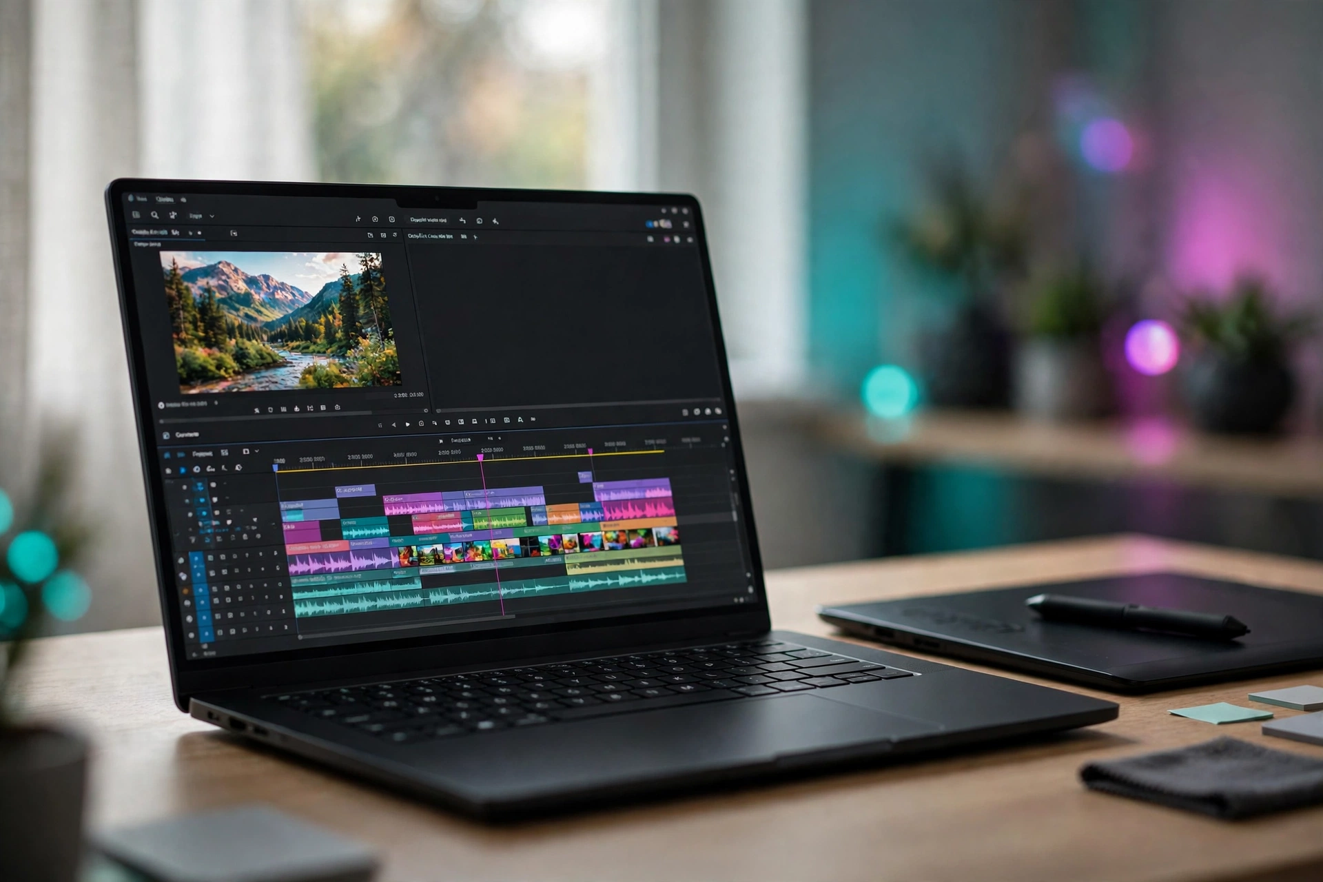 Black creator laptop on a studio desk running video editing software beside a graphics tablet