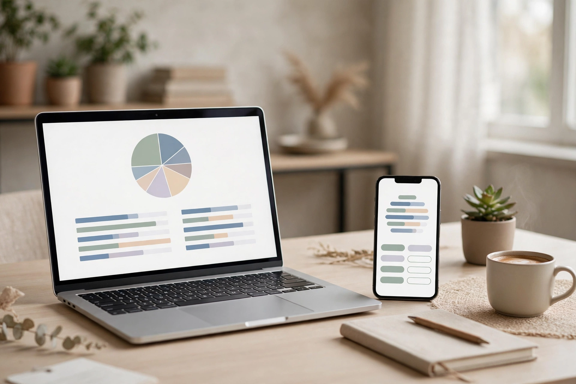 Laptop and phone showing budget charts on a bright desk