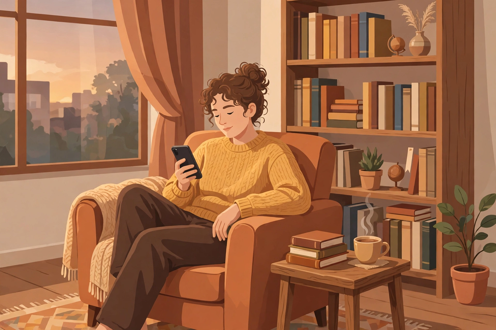 A reader on a phone in an armchair beside a tall bookshelf at home