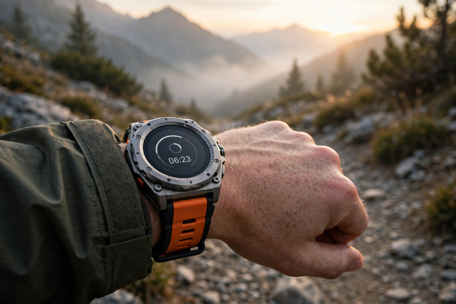 Rugged titanium smartwatch with orange band on a hiker's wrist at sunrise