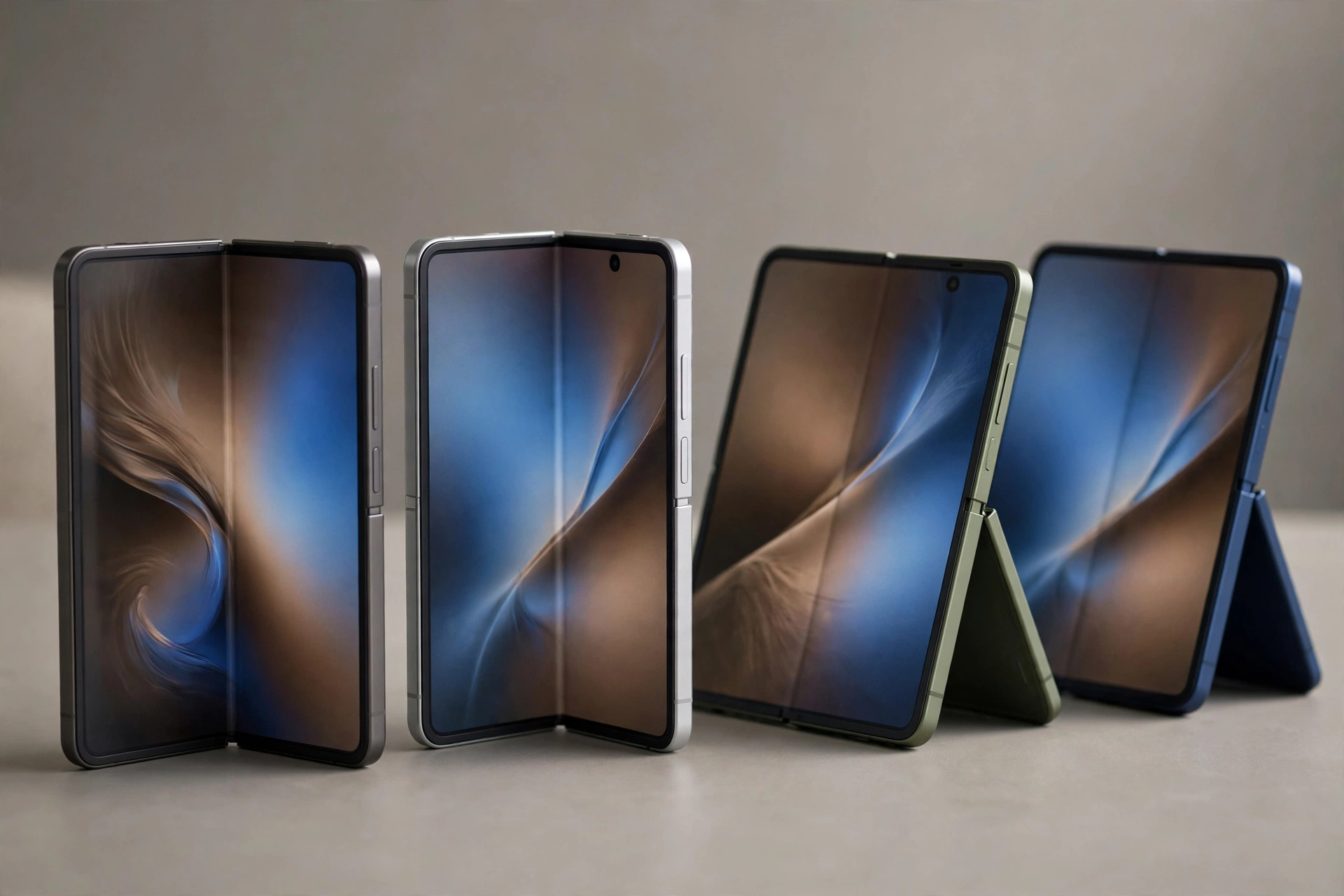 Four original foldable phones half open on a plain desk.