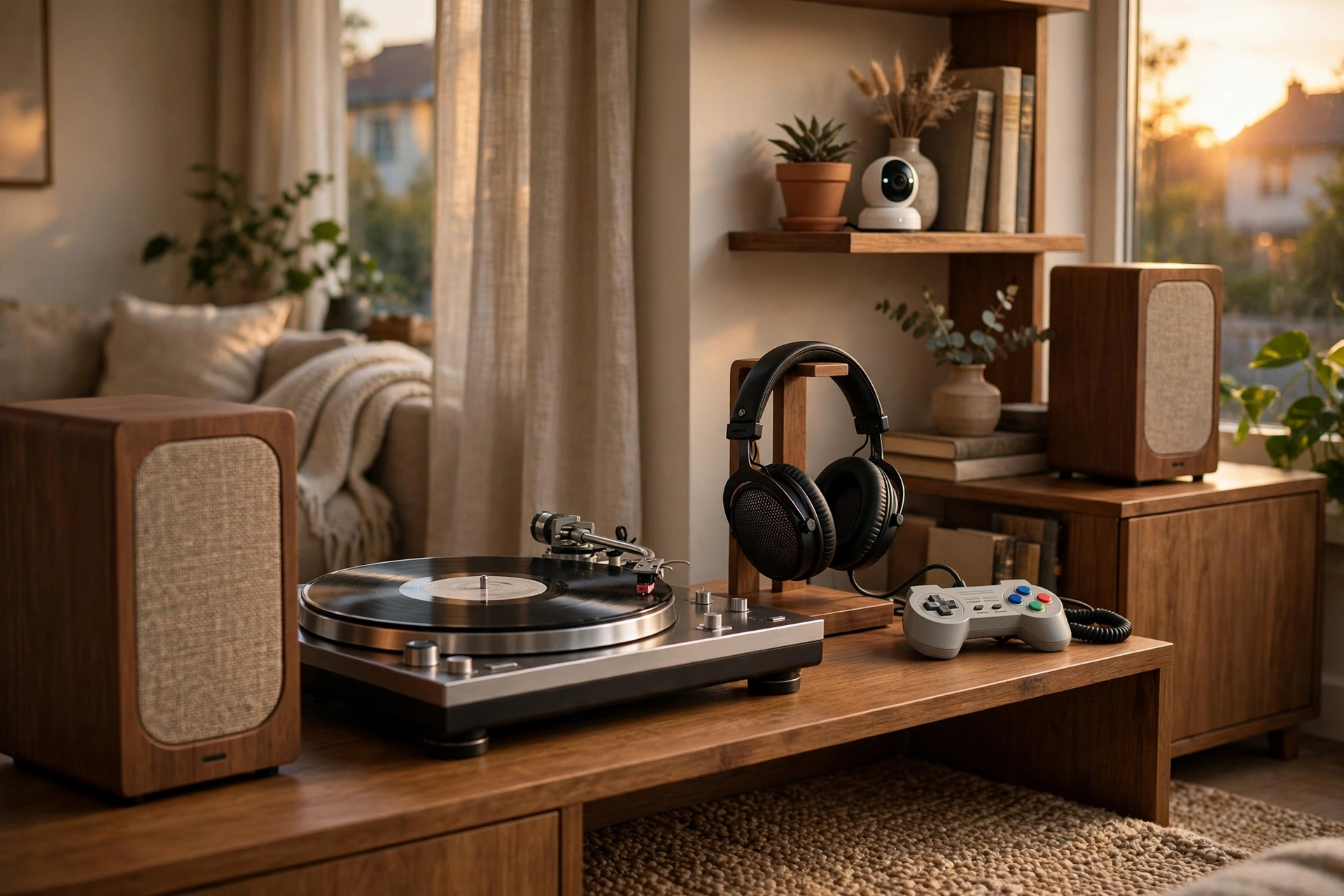 Original illustration of headphones turntable speakers and retro console on shelves