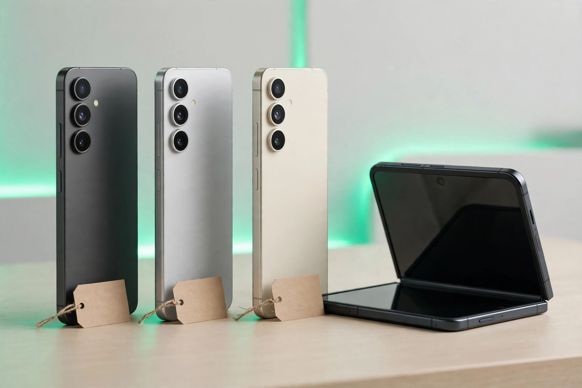 Best phone deals hero image with flagship phones and price tags on a desk