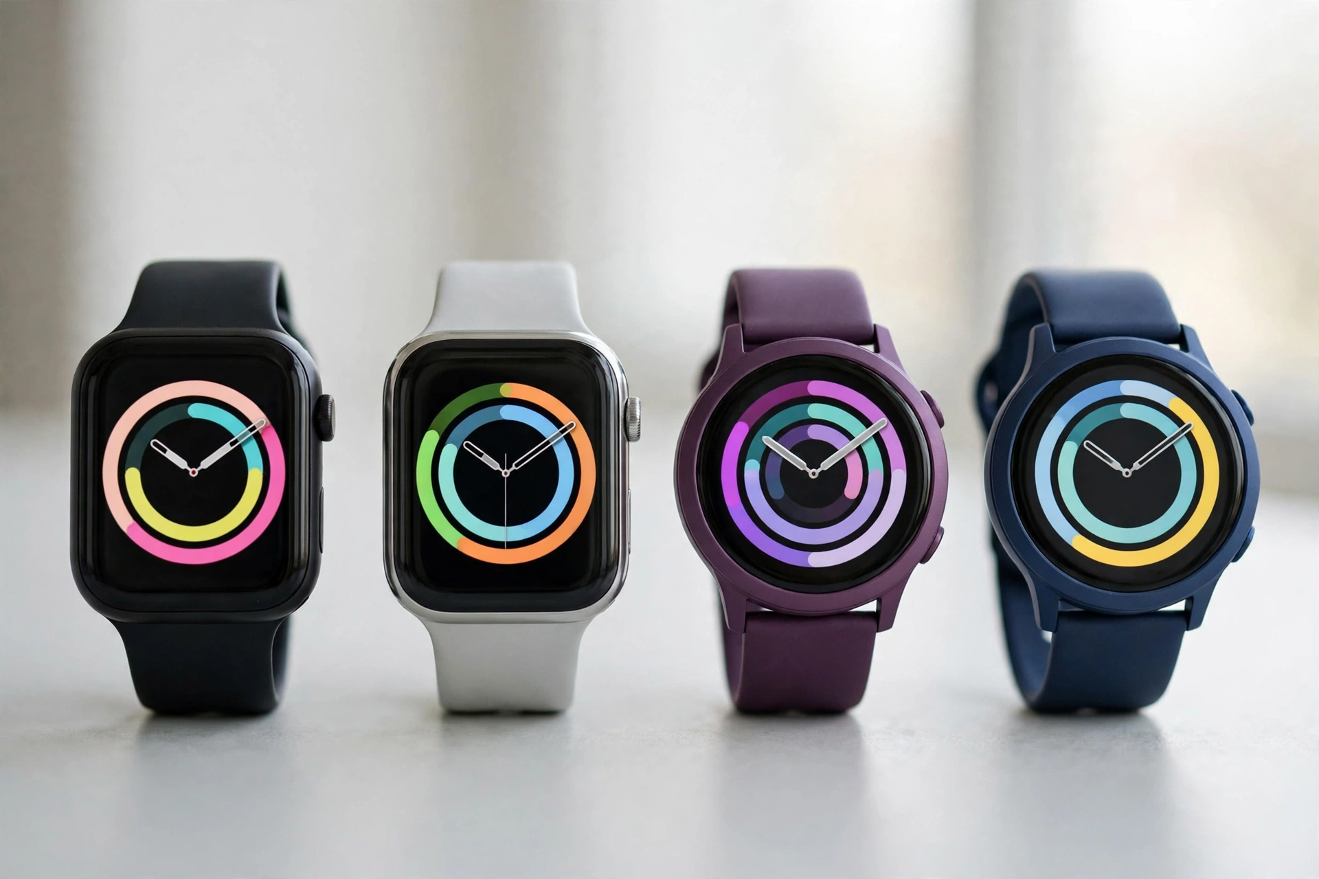 Seven modern smartwatches in varied styles standing upright on a light studio surface
