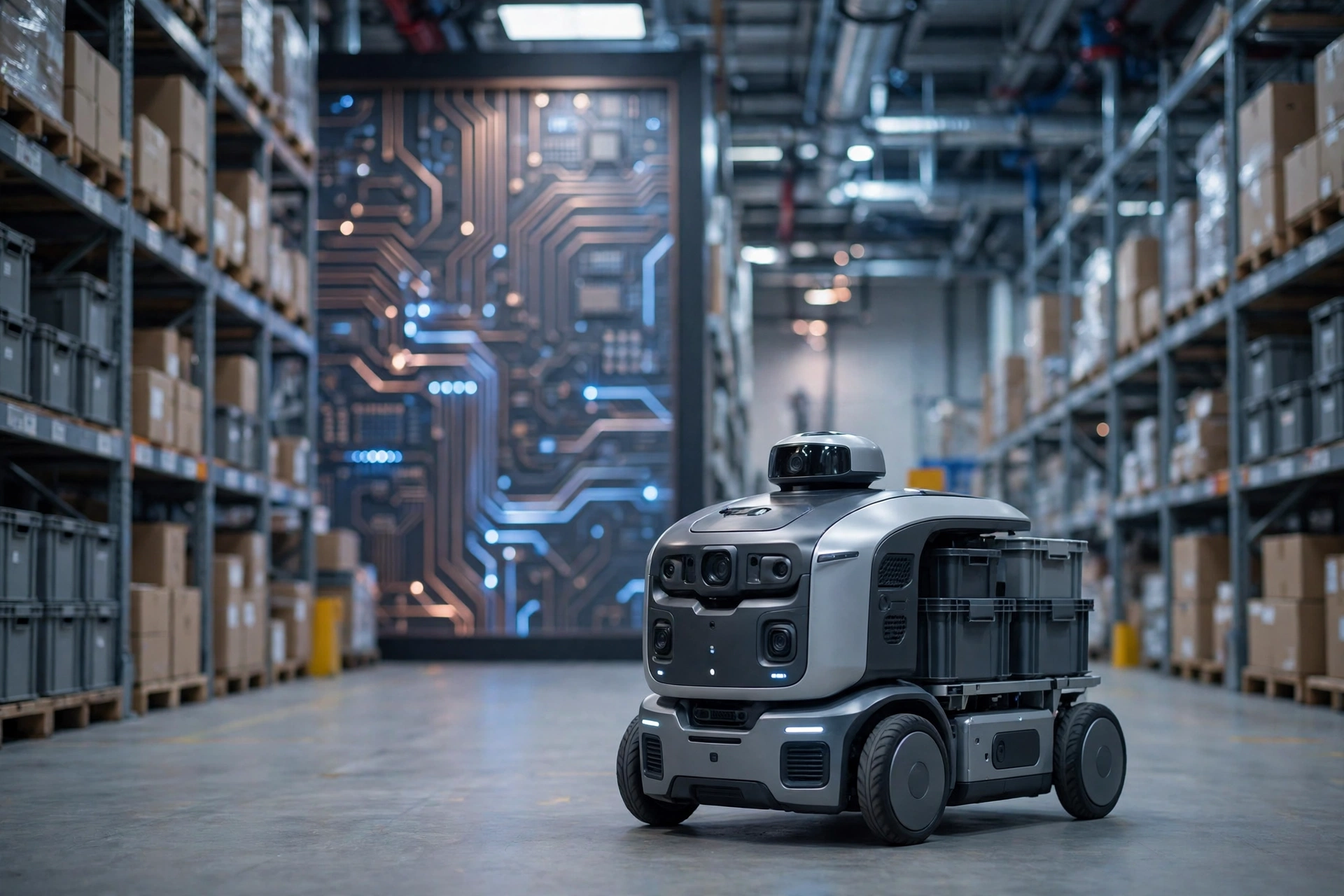 Autonomous mobile robot working in a modern warehouse aisle with soft industrial lighting