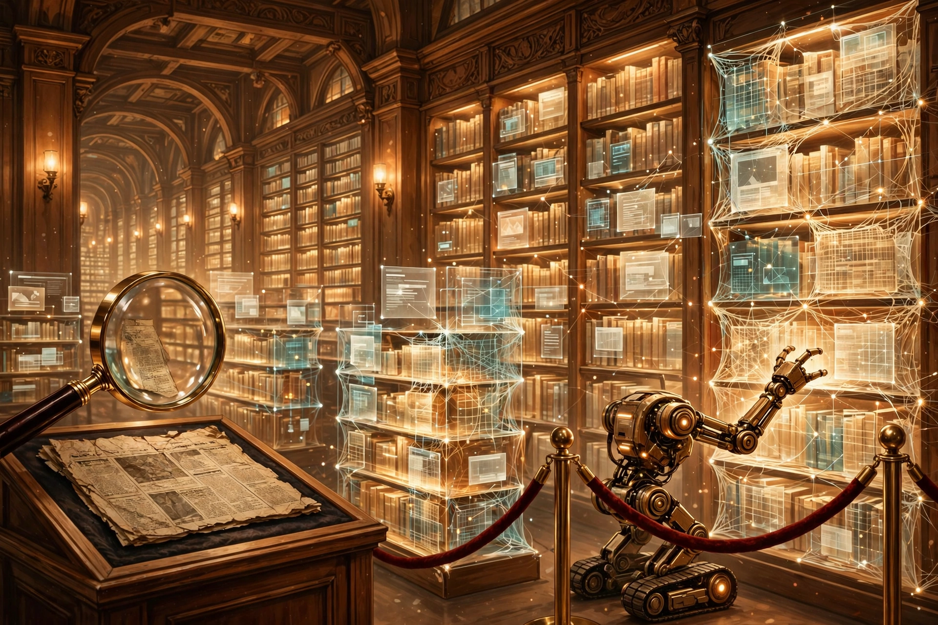 Glowing digital library shelves with a robot crawler held back by a velvet rope barrier