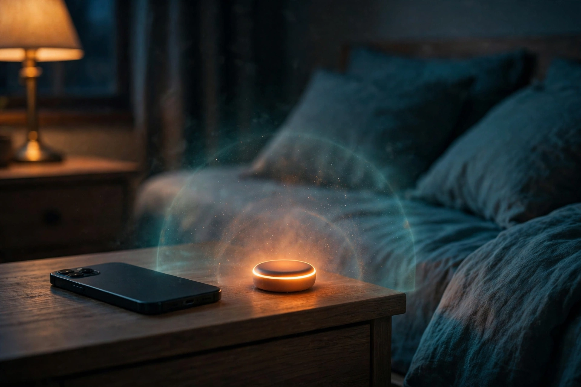 Brick Night app blocker device glowing beside a phone on a nightstand