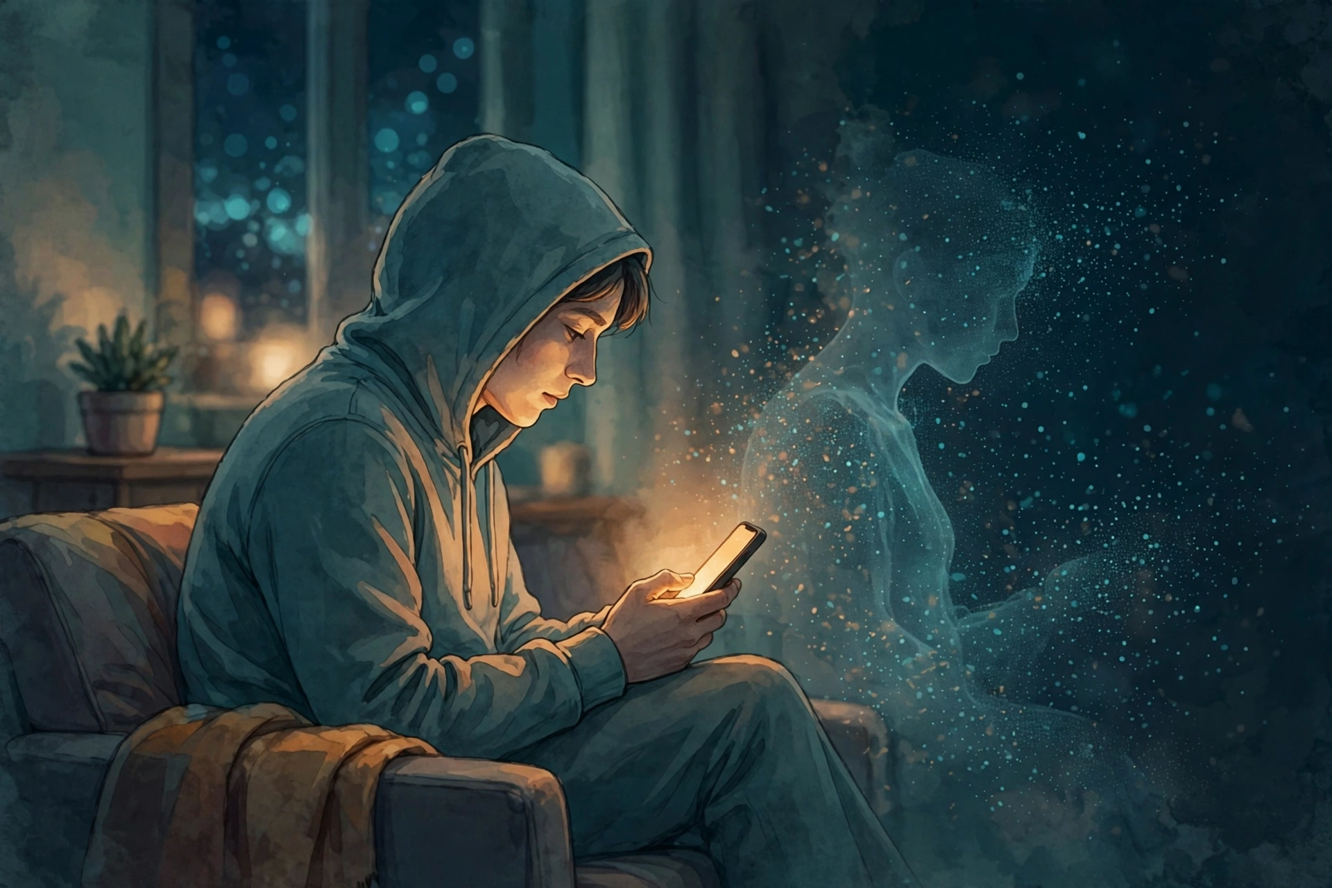 Person holding glowing phone at night beside fading digital companion silhouette