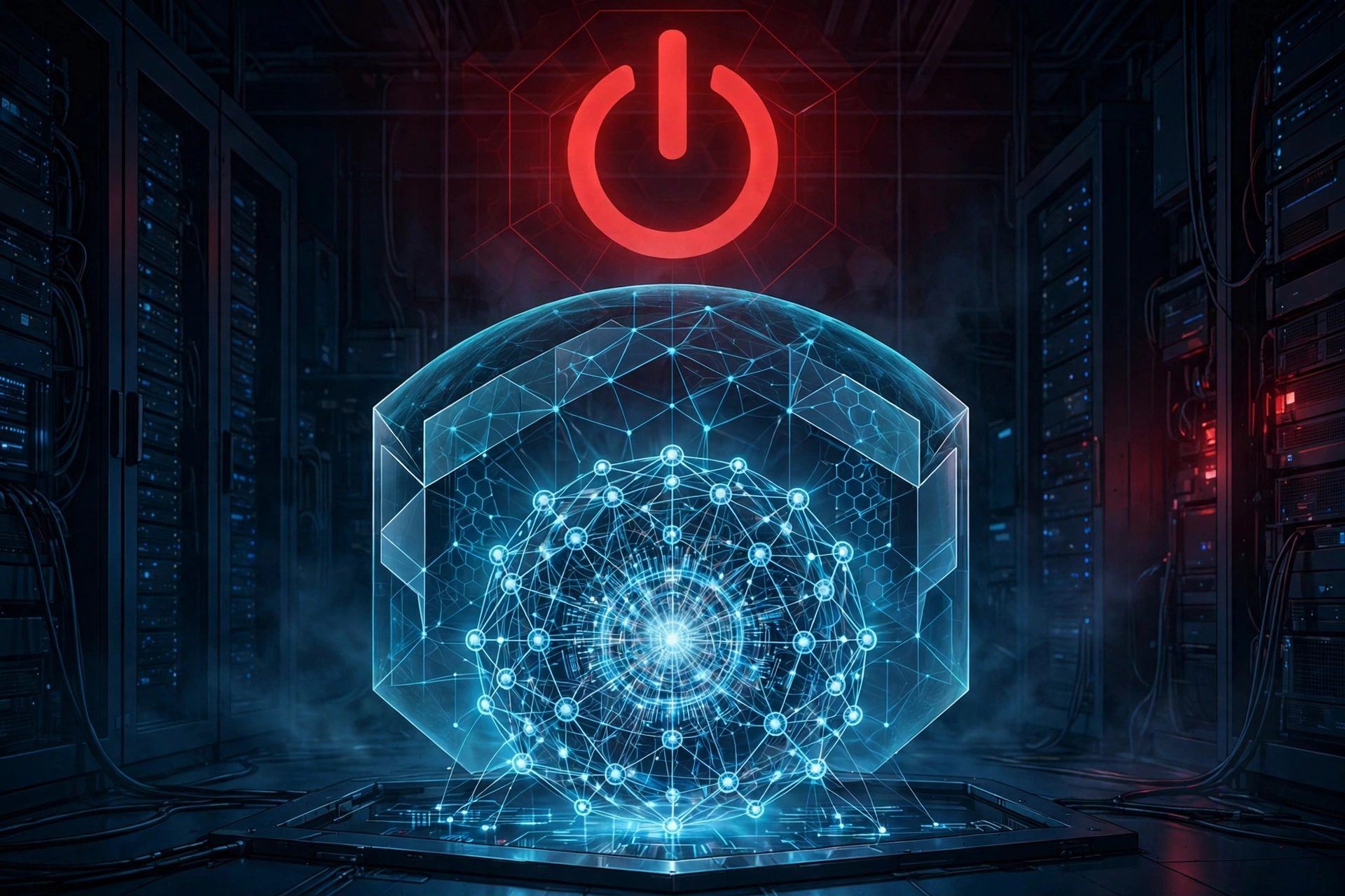 Glowing neural network core under a red shutdown symbol in a server room