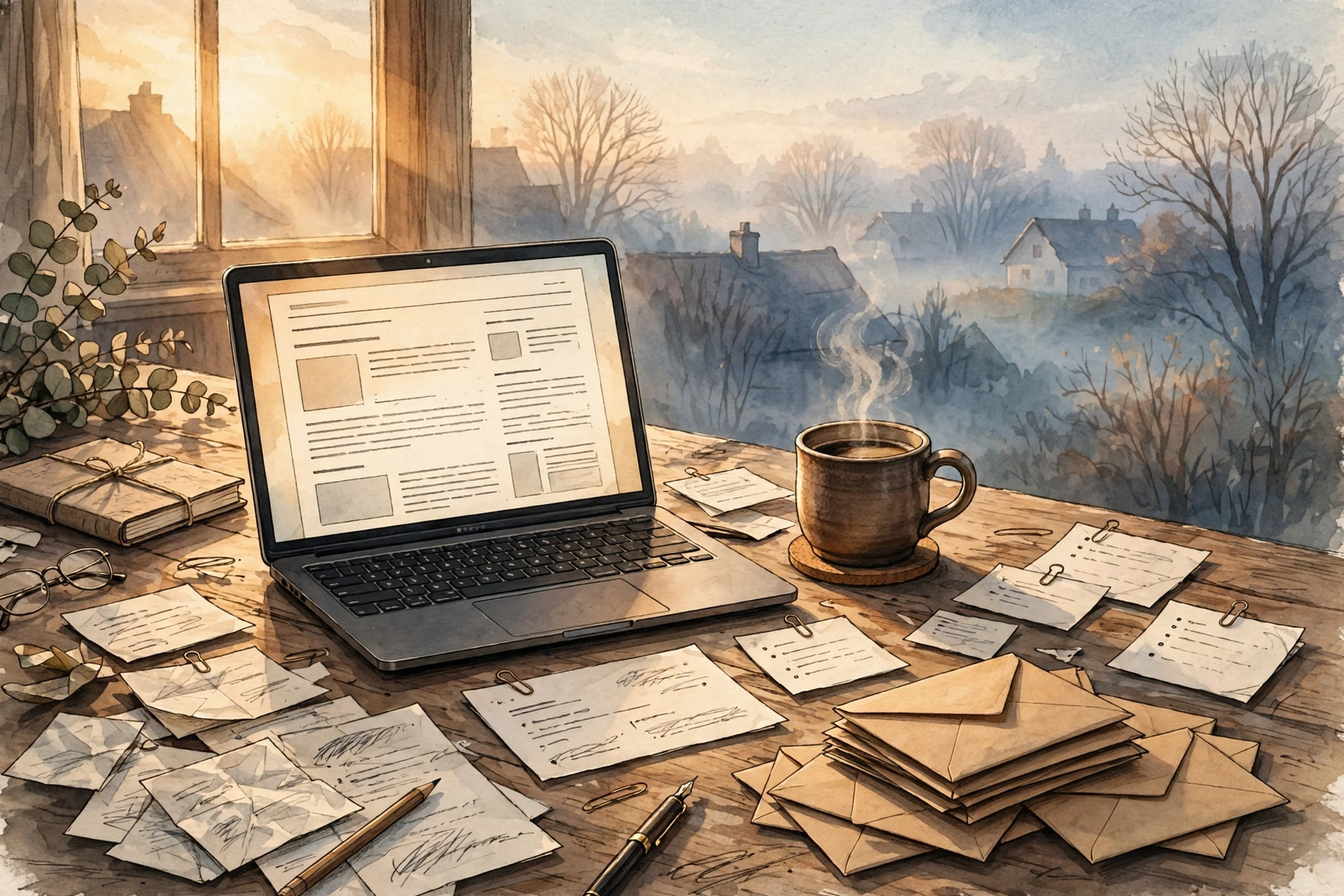 A writer drafting a newsletter on a laptop at a warmly lit desk