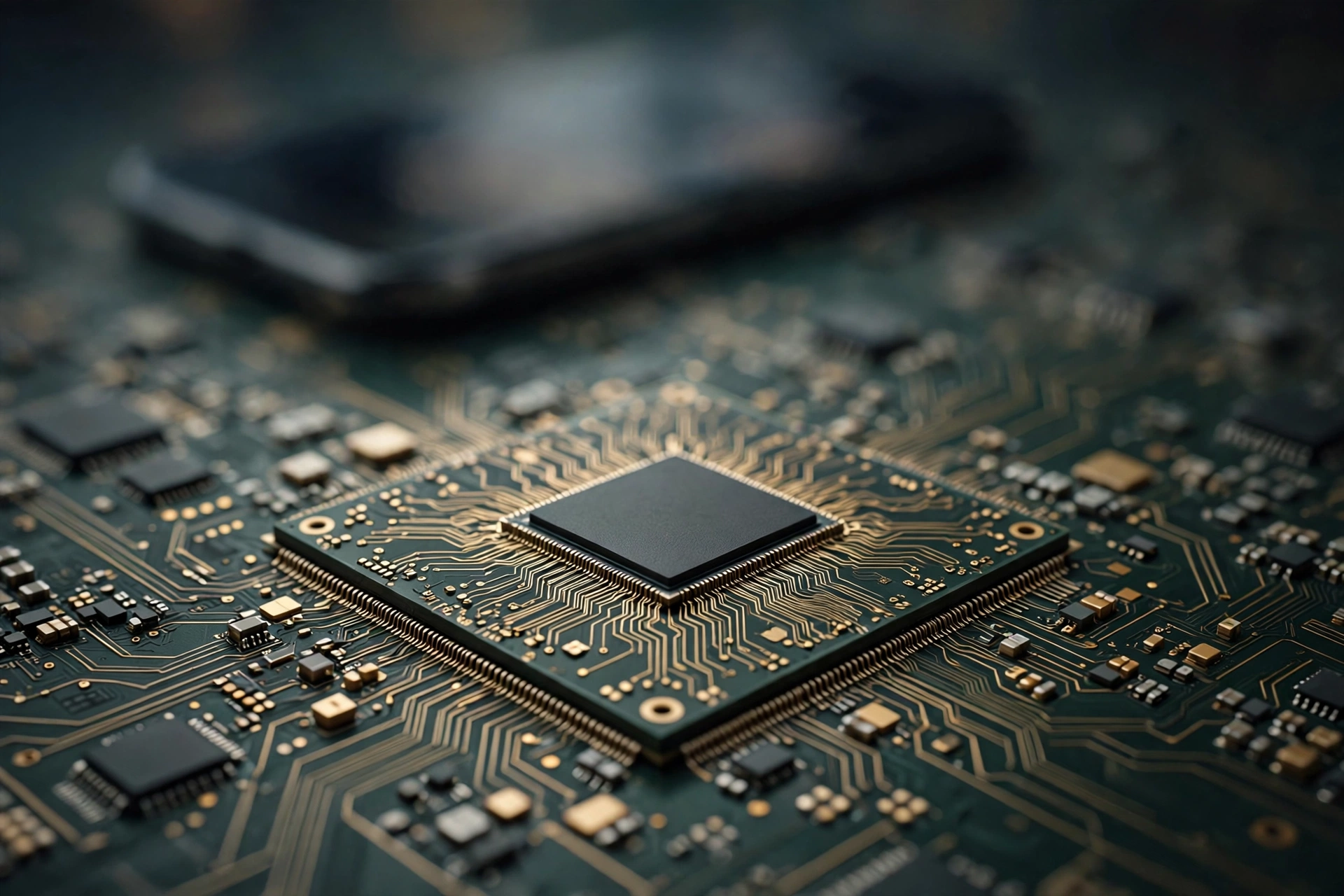 Close-up of a dark computer chip on a green circuit board