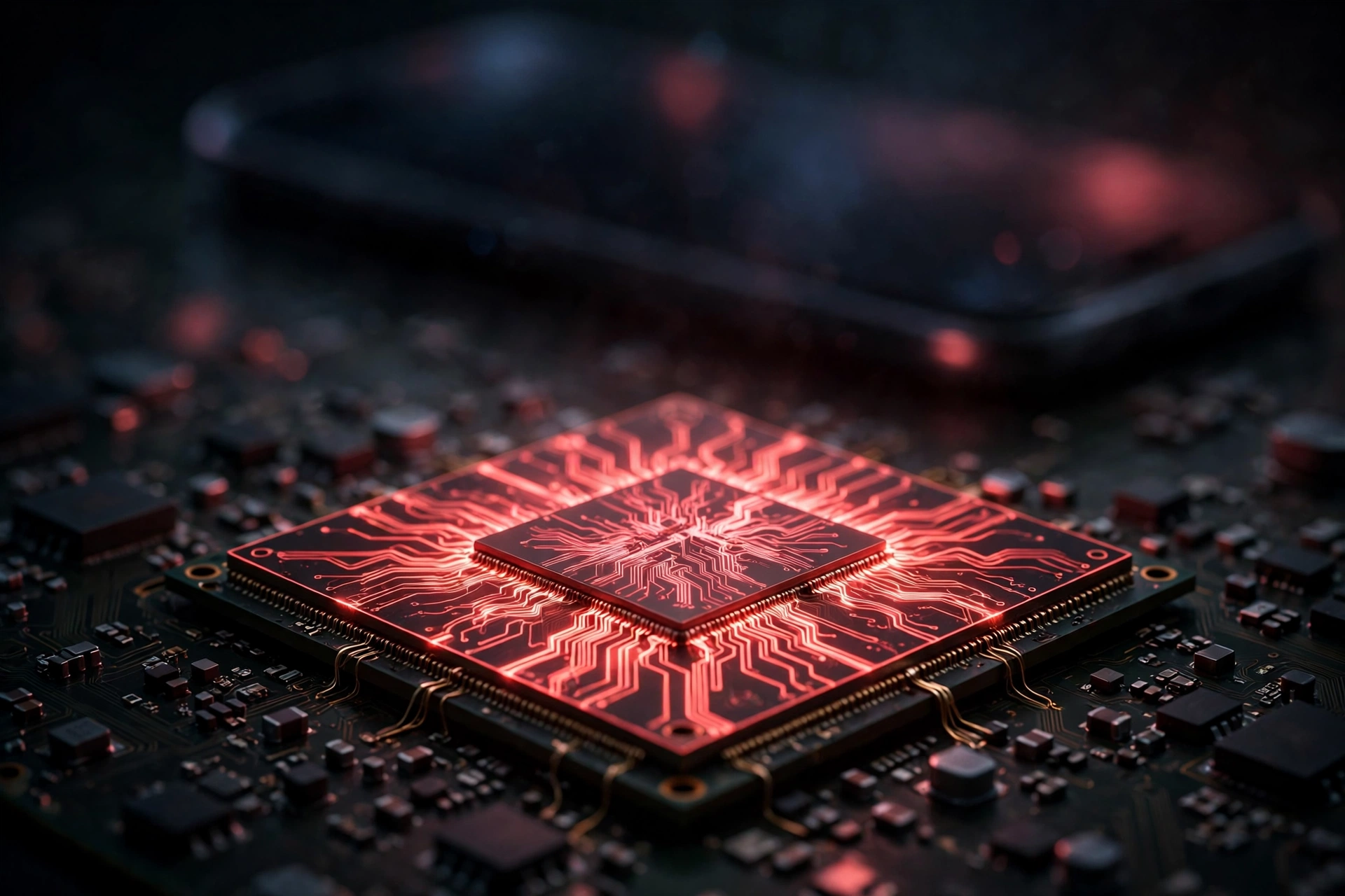 Flagship smartphone processor chip glowing red on a dark circuit board