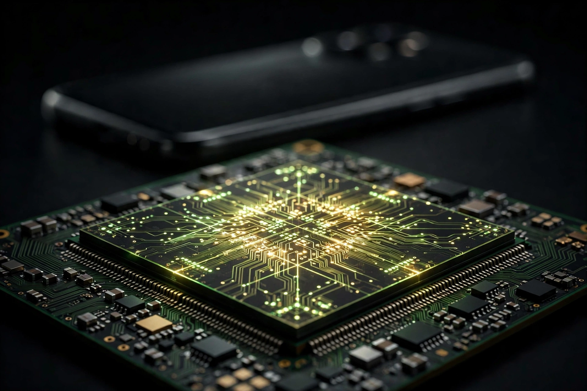 Flagship smartphone processor chip glowing on a dark circuit board