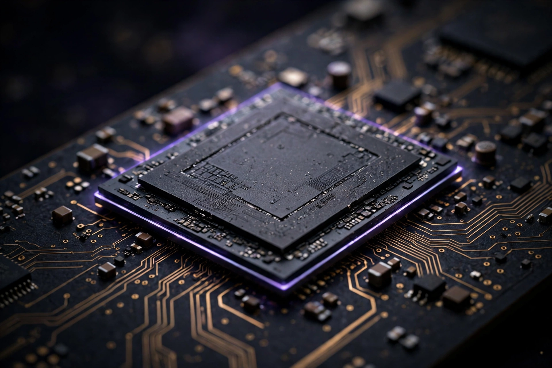 Close-up illustration of a smartphone processor chip on a dark circuit board