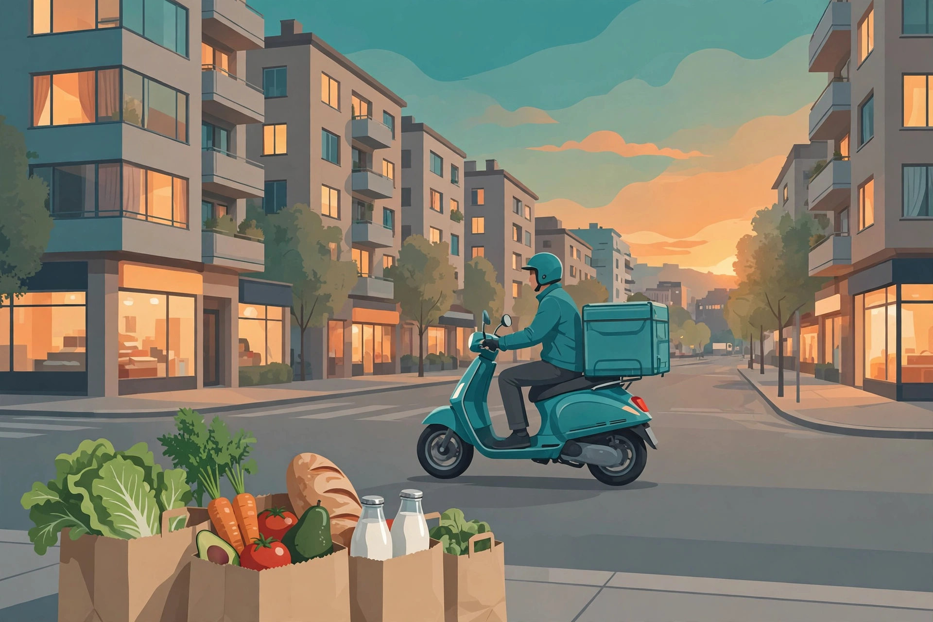Delivery scooter rider passing grocery bags of produce, bread and milk at dusk