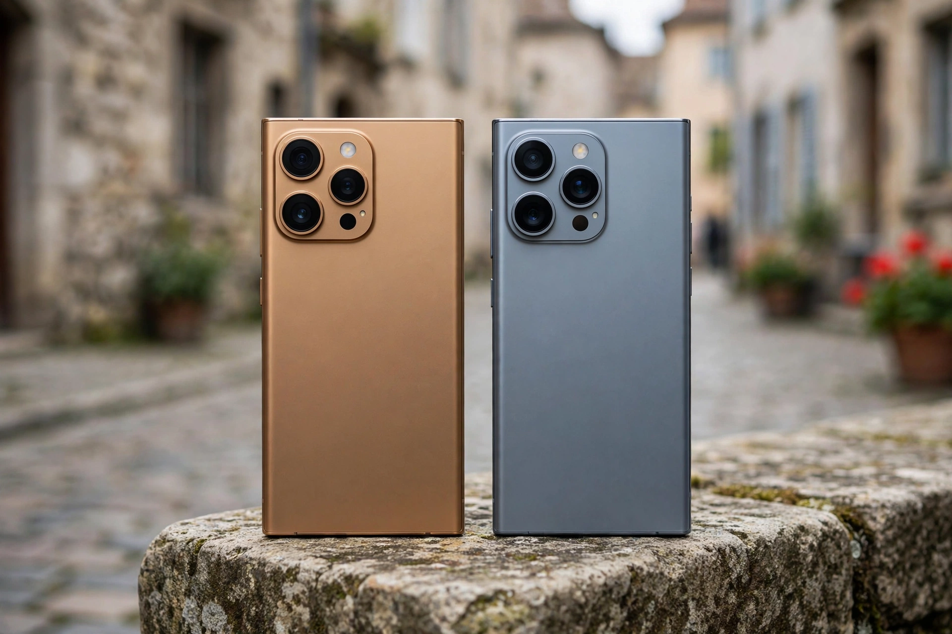 Two flagship smartphones on a stone ledge showing rear cameras in an old town