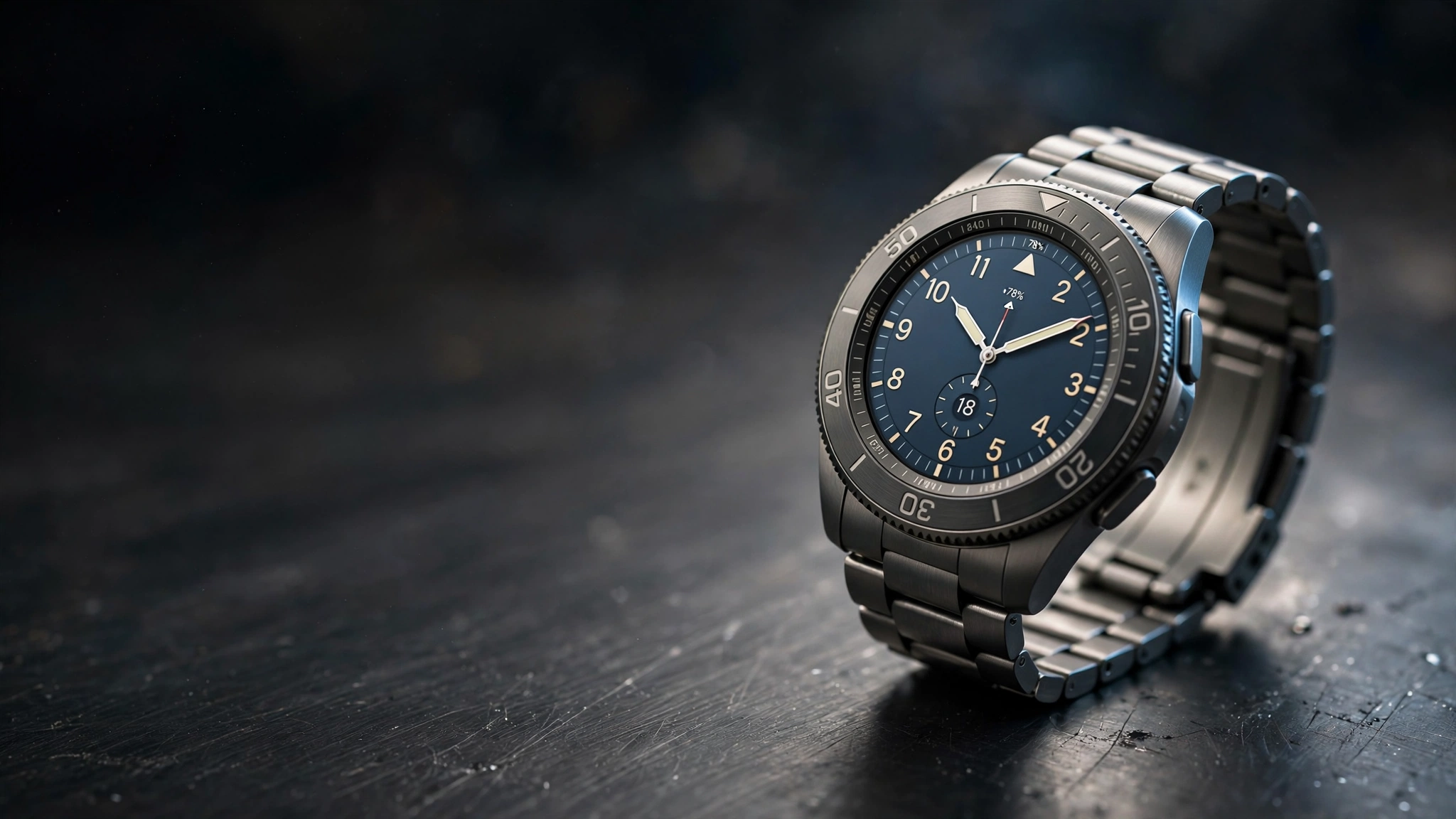 Titanium Garmin MARQ Gen 3 luxury smartwatch with slate-blue dial and bracelet strap