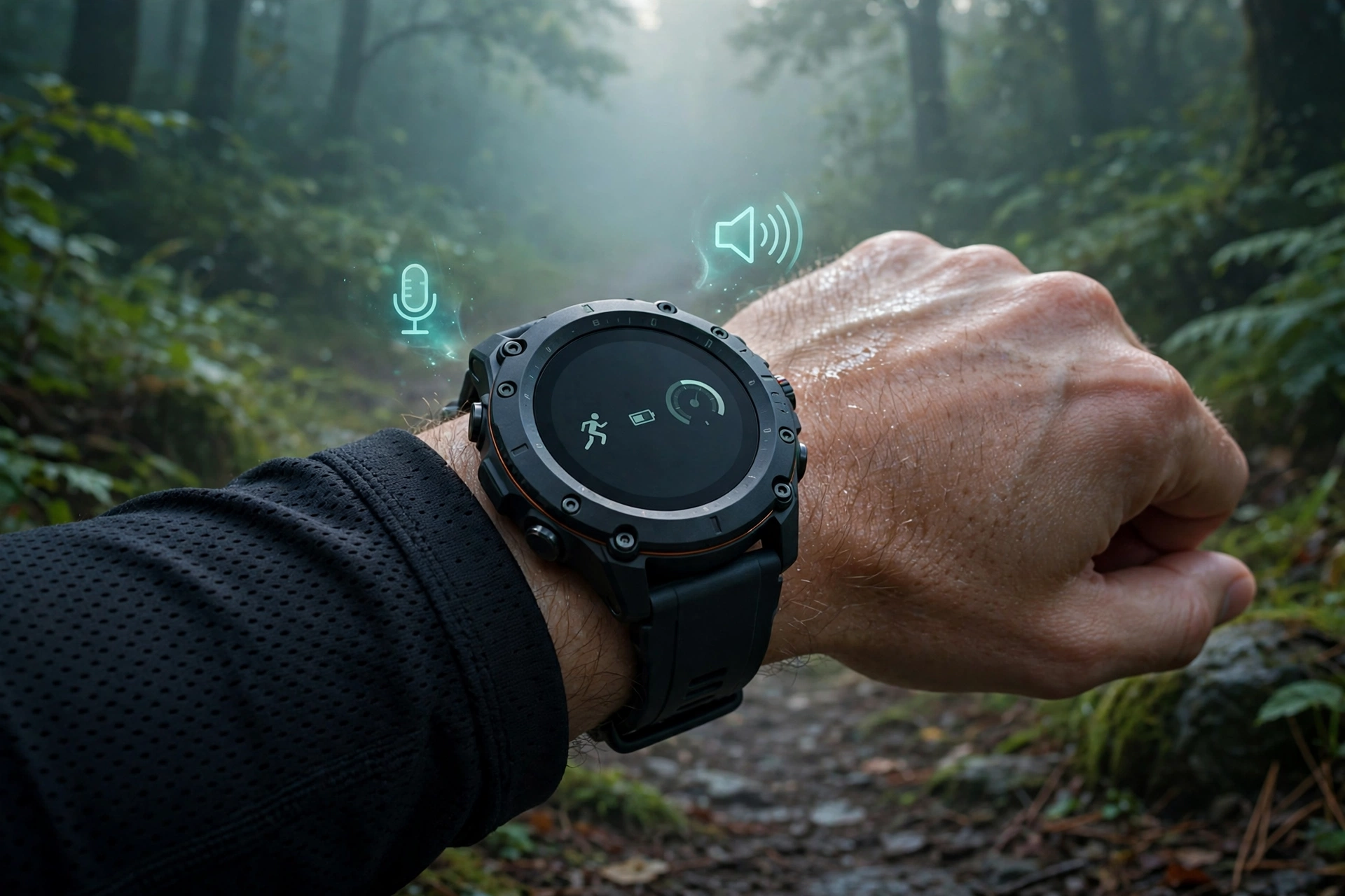 Rugged Garmin style smartwatch on a runner wrist at dawn trail