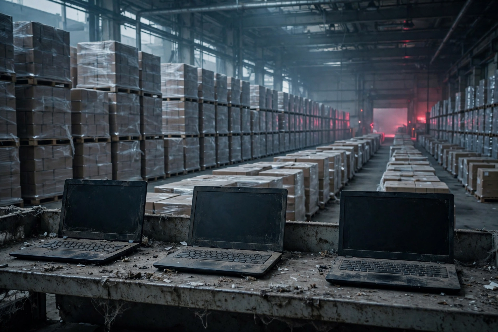 Rows of boxed laptops stacked in a dim warehouse with unsold laptops in front