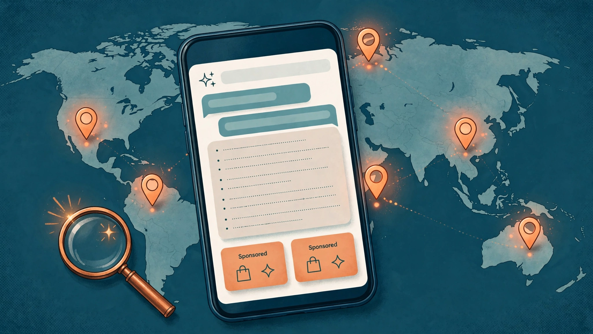 Smartphone showing sponsored AI search answers over a world map with location pins