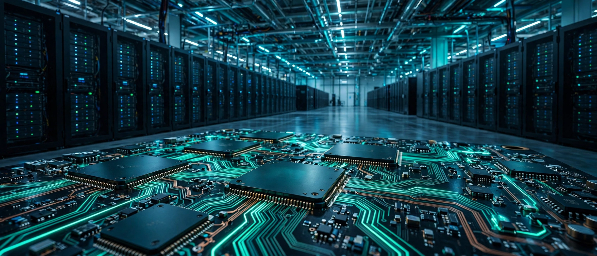 AI accelerator chips with glowing circuits in a modern data center hall.