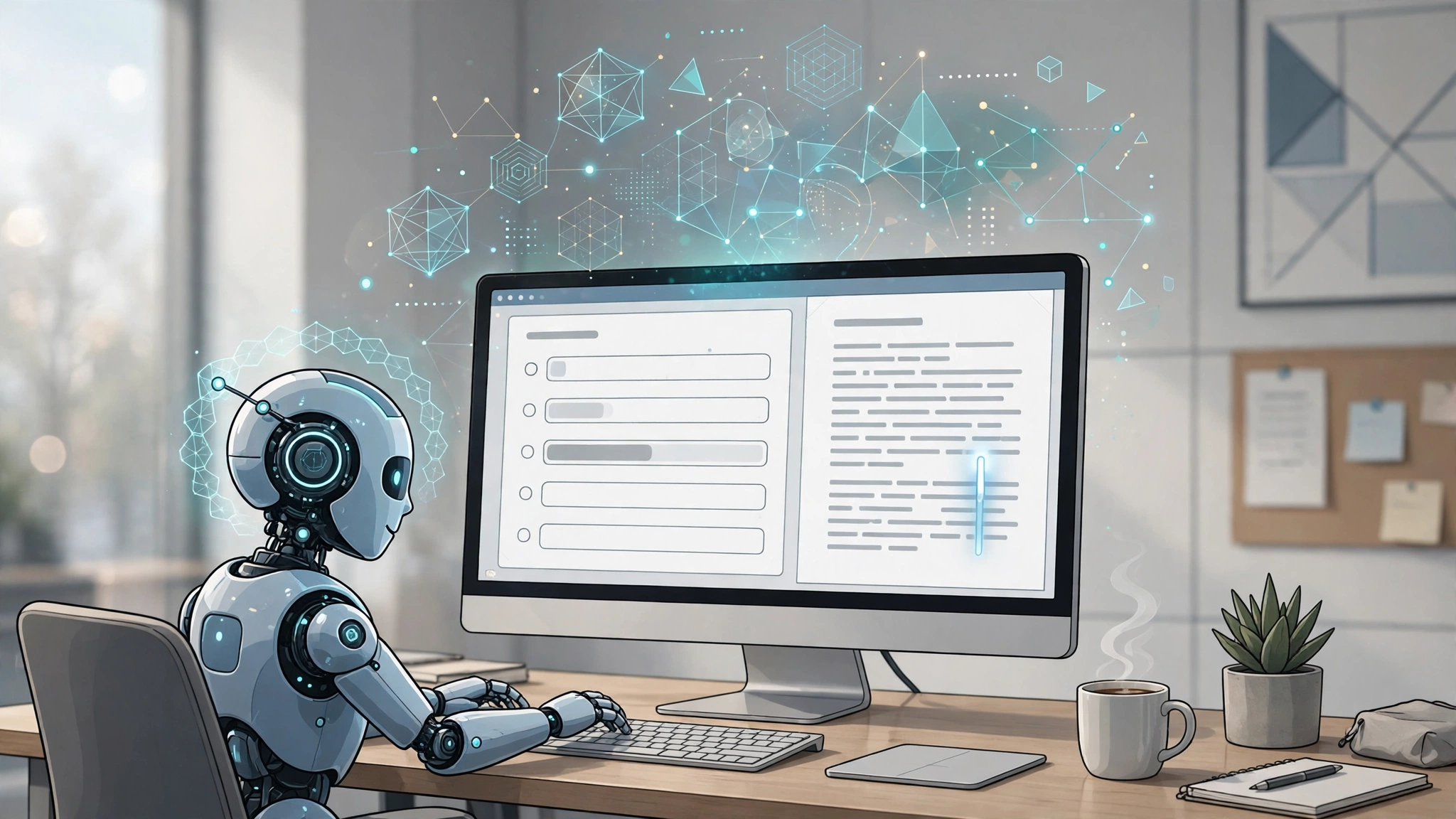 AI assistant operating a computer desktop with forms and documents on screen