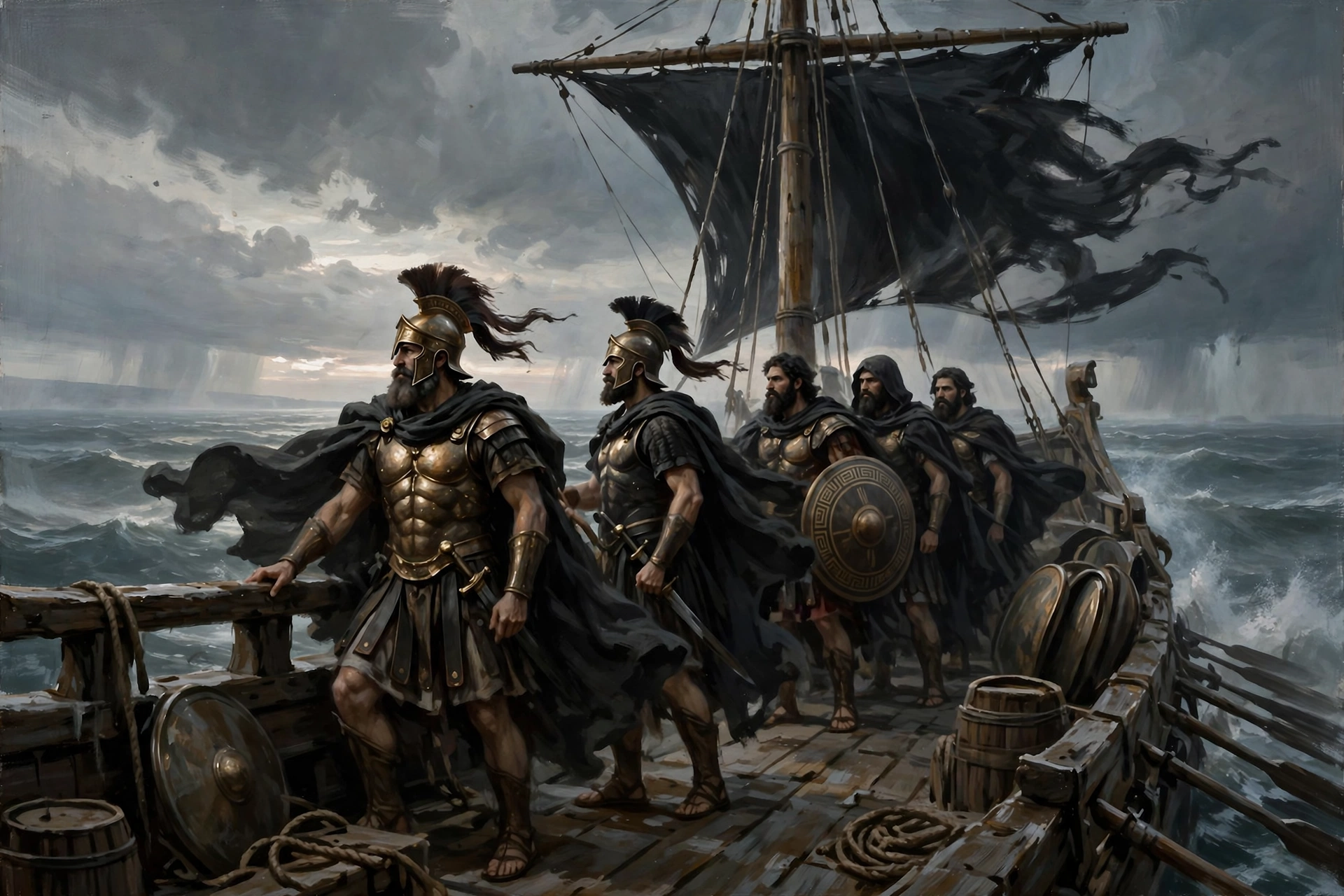 AI-generated Greek warriors and black-sailed warship crossing a stormy grey sea
