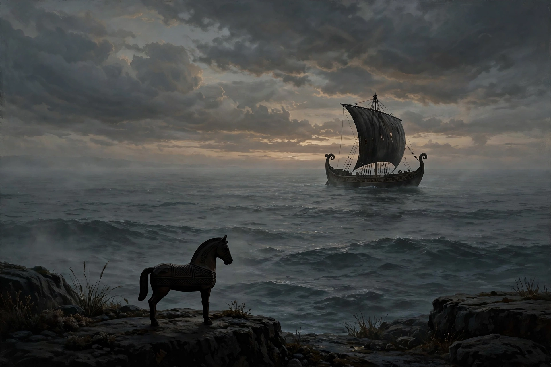 Carved wooden horse figurine overlooking an ancient Greek sailing ship at dusk