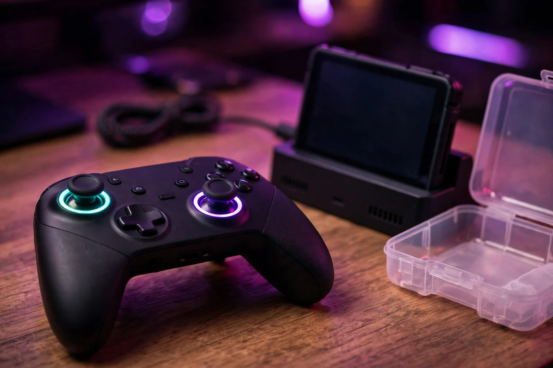 Black pro game controller with glowing stick rings beside a docked handheld console