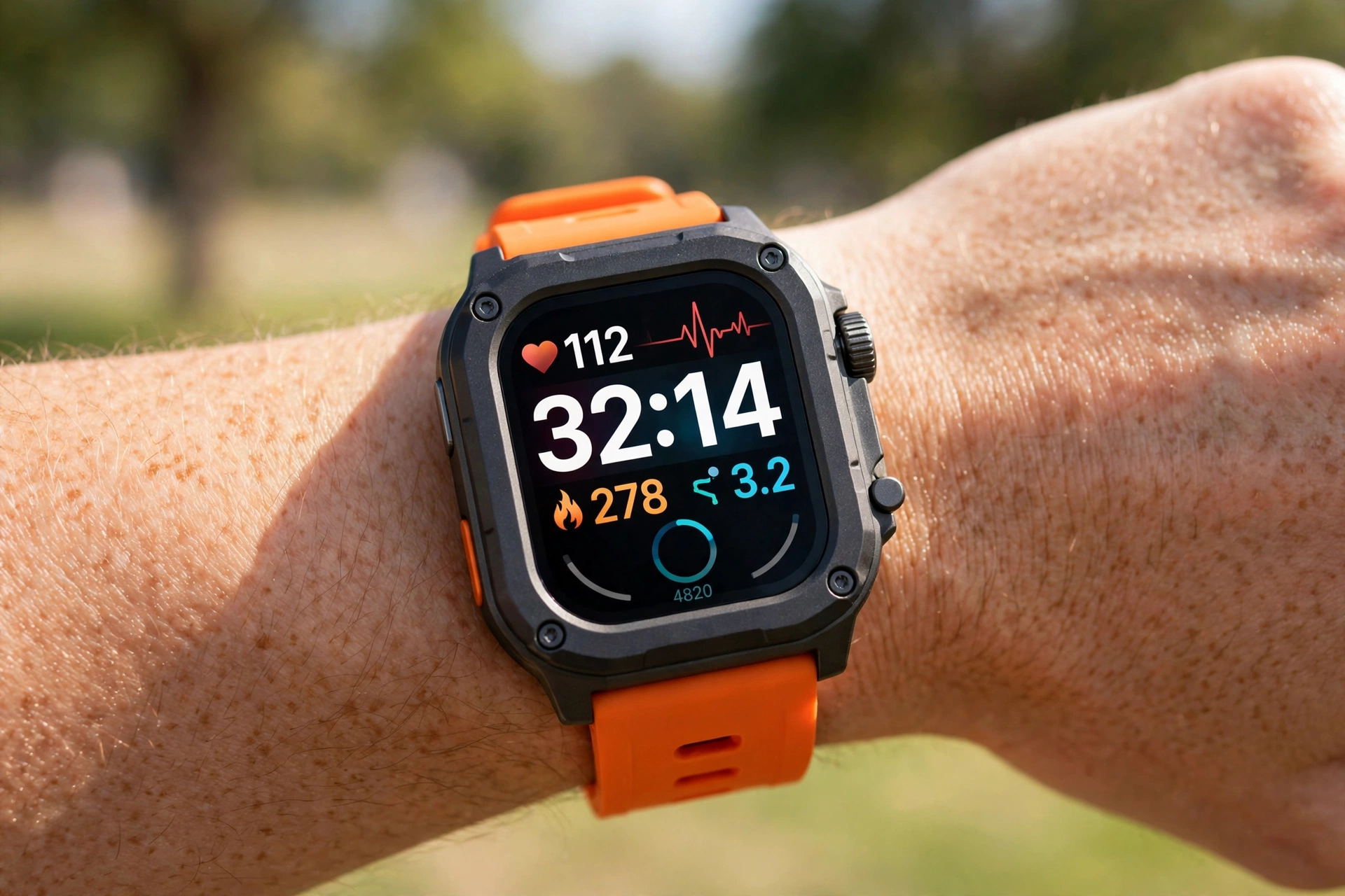 Square rugged smartwatch with orange strap and bright fitness display on a wrist
