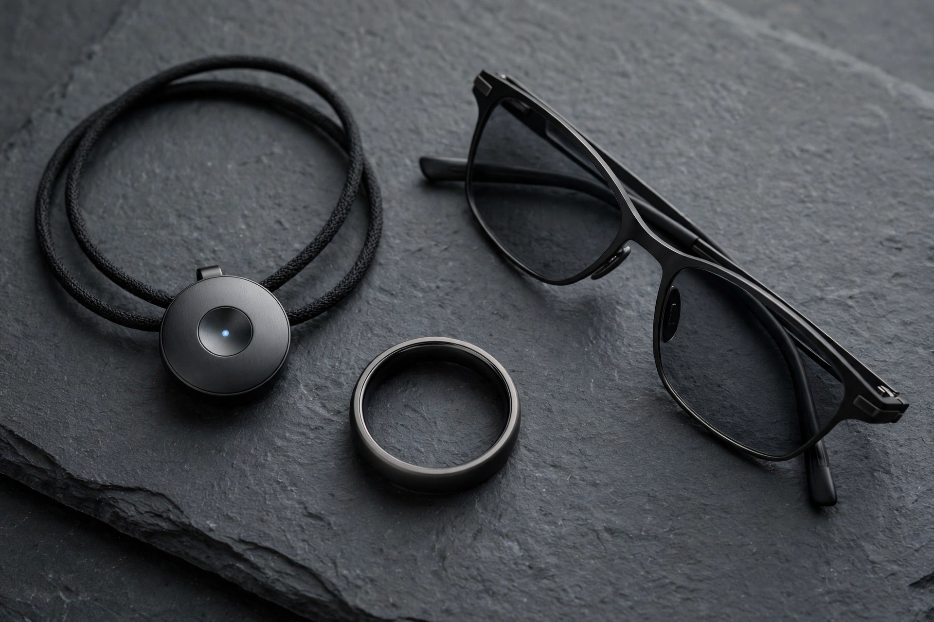 AI pendant, smart ring and smart glasses arranged on a dark slate background